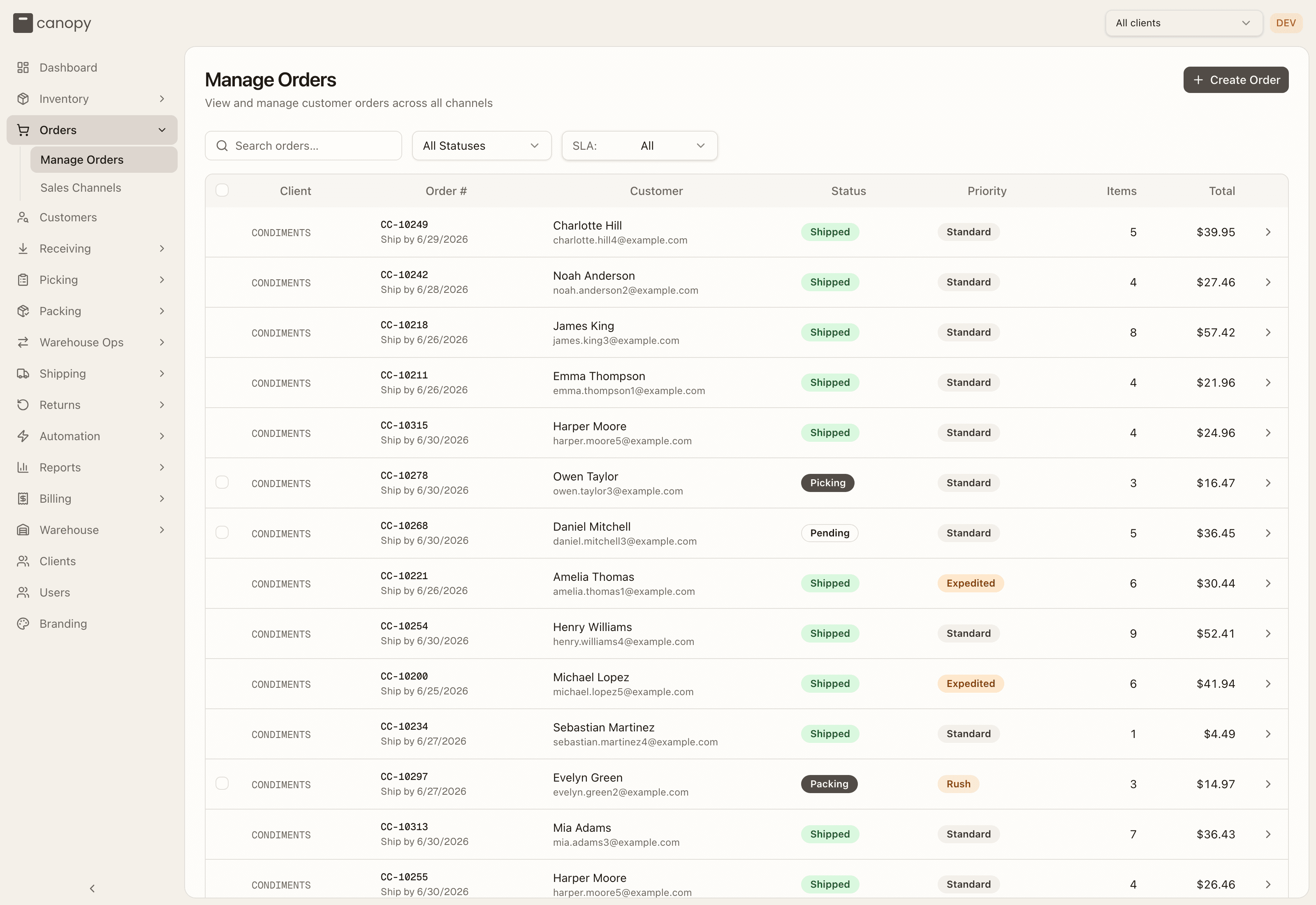 Manage Orders — the all-clients list