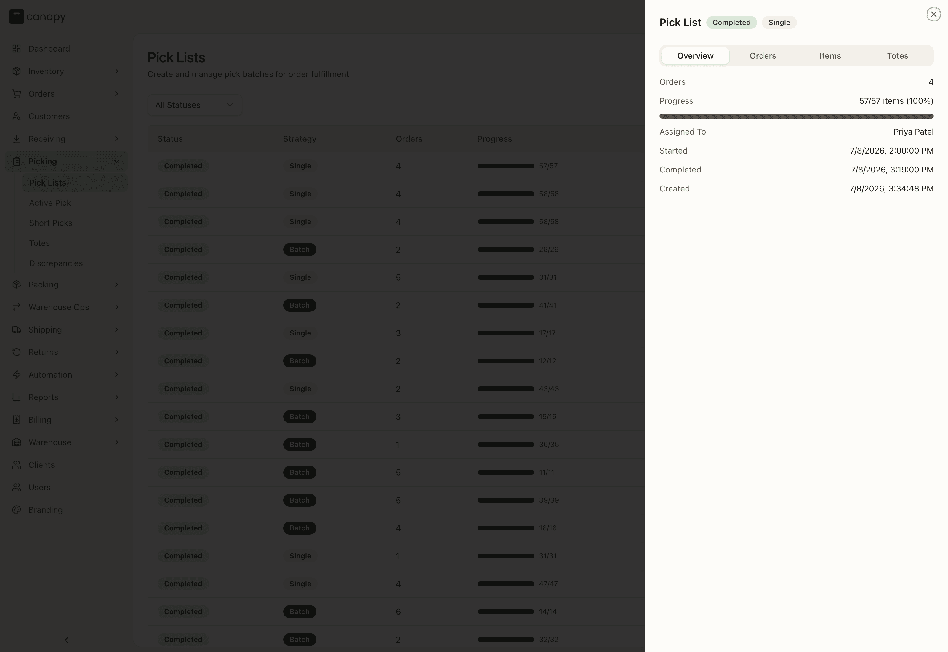 A pick list's detail panel