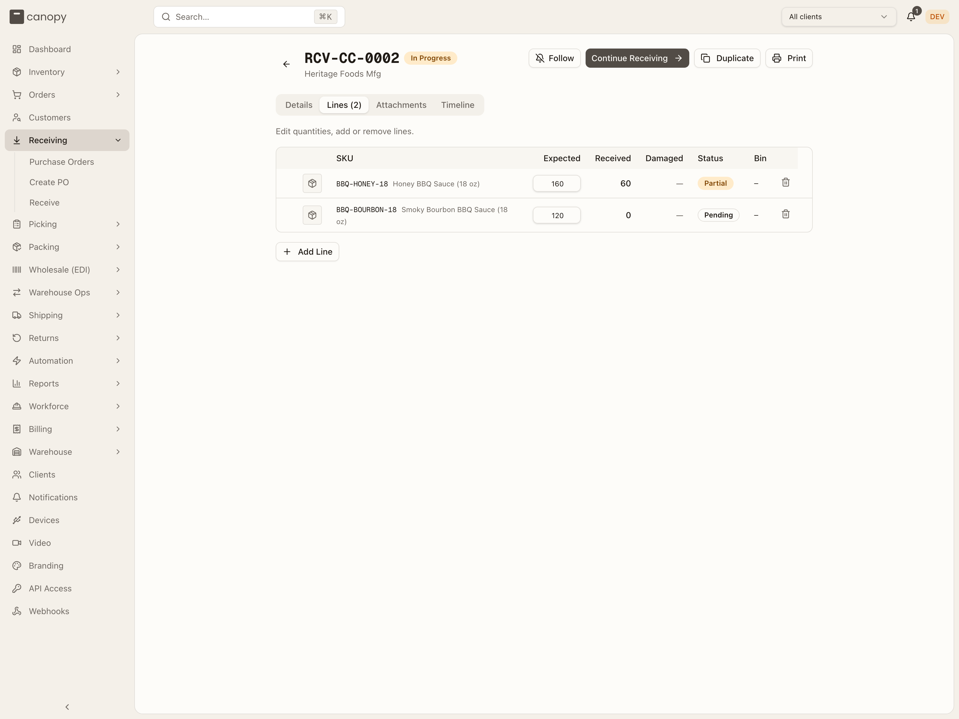 An in-progress PO's Lines tab — editable expected quantities, the operator-only Bin column, Add Line and Save Changes