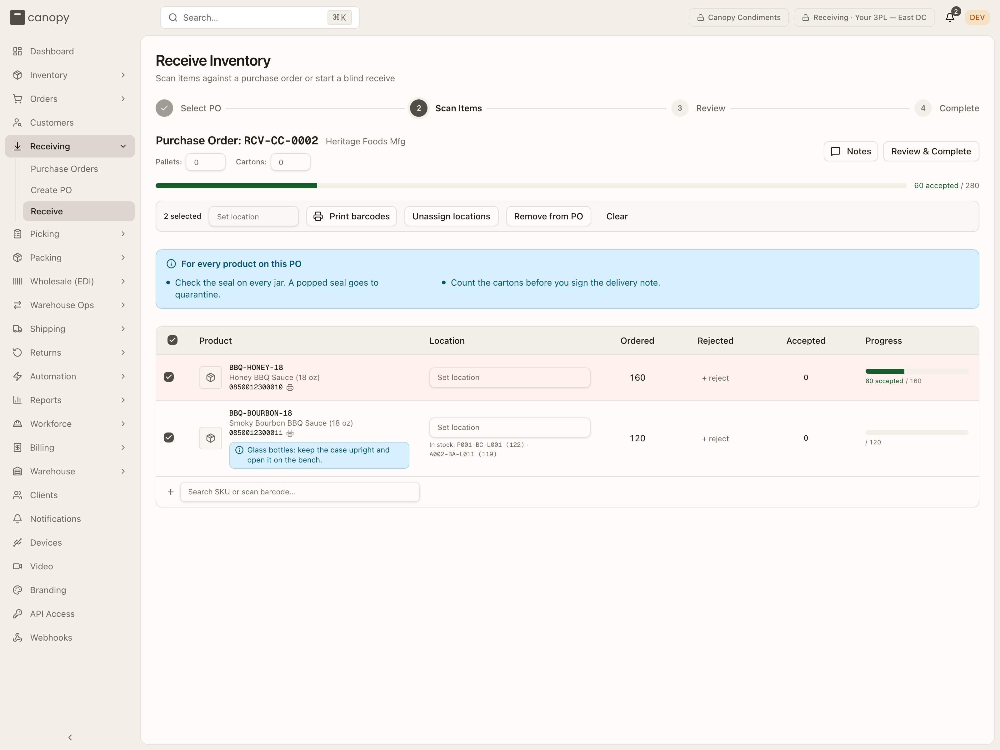 The bulk bar over checked lines — Set location, Print barcodes, Unassign locations, Remove from PO, Clear