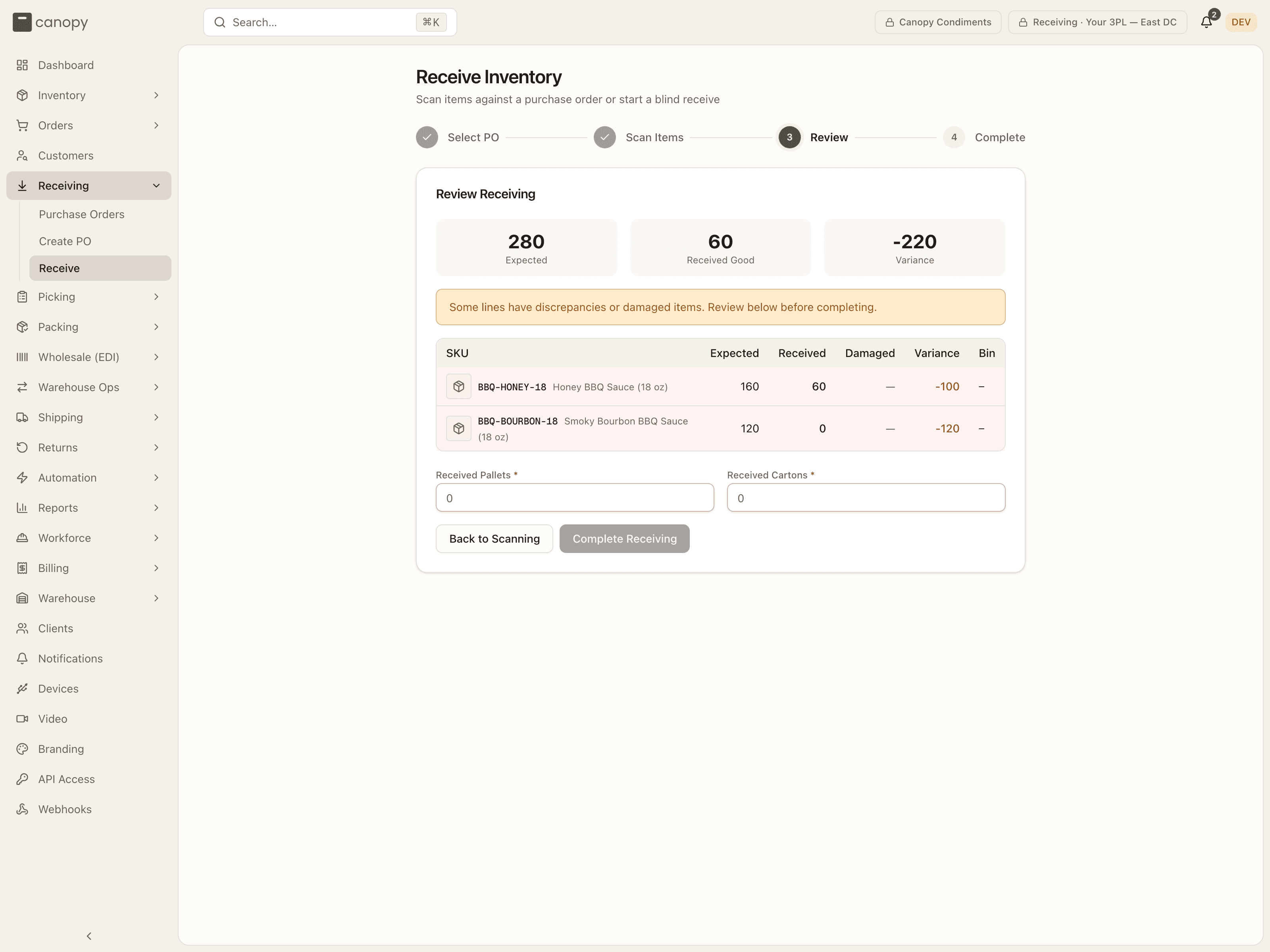 Review Receiving — totals, per-line variance, and the required Received Pallets and Received Cartons