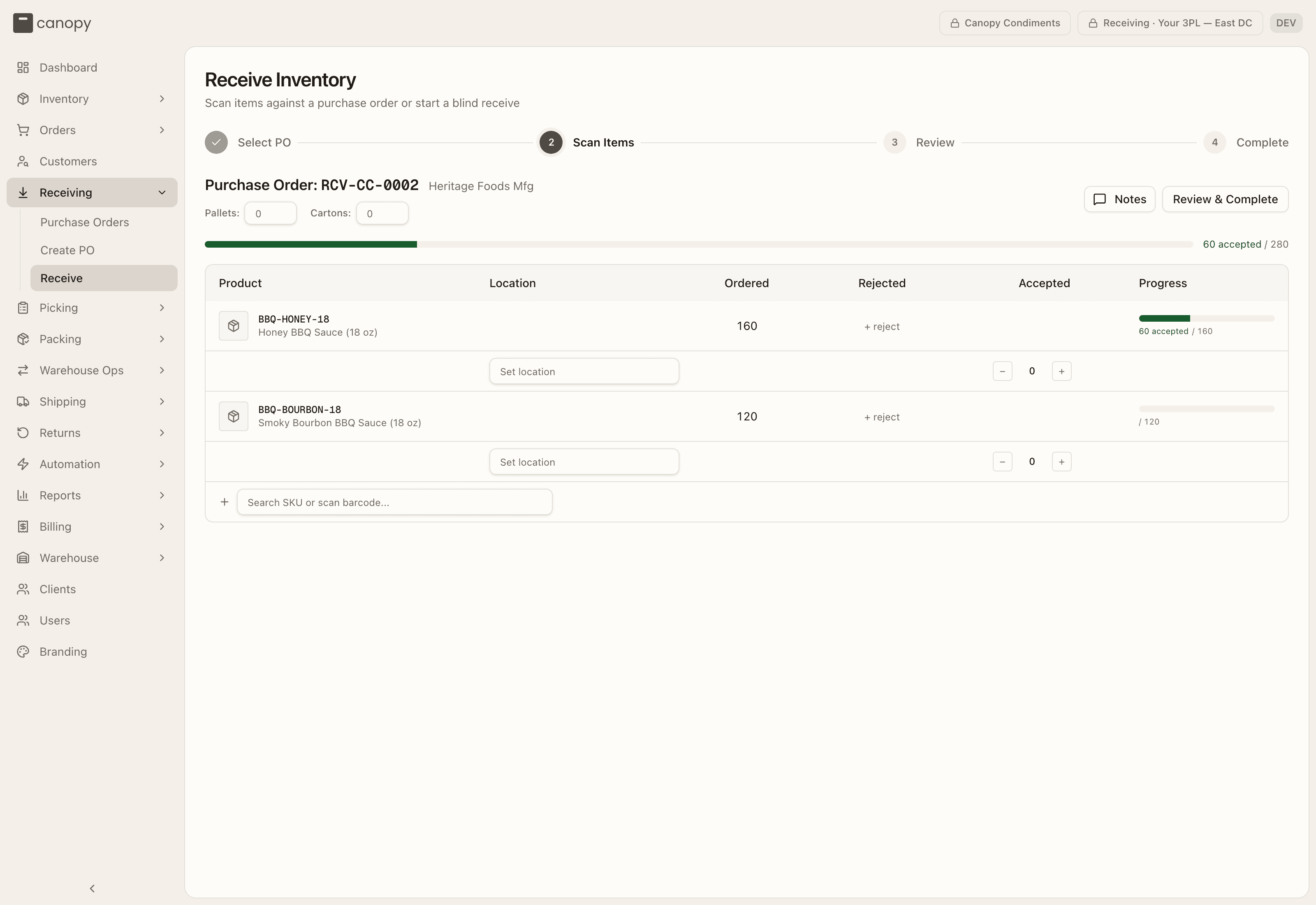 Receiving — scanning units against the PO