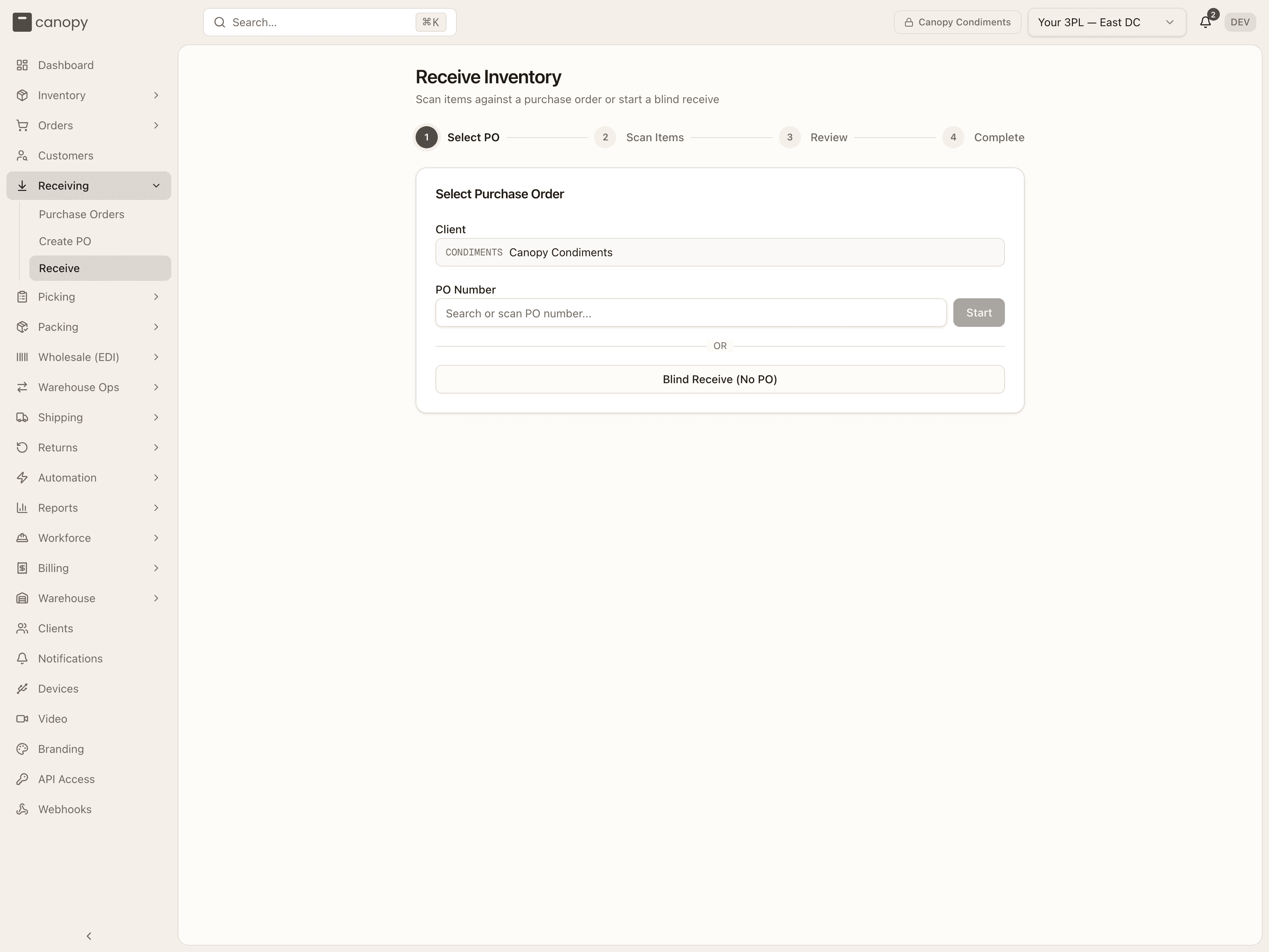 Select PO — the client picker, the PO Number search box, and Blind Receive (No PO)