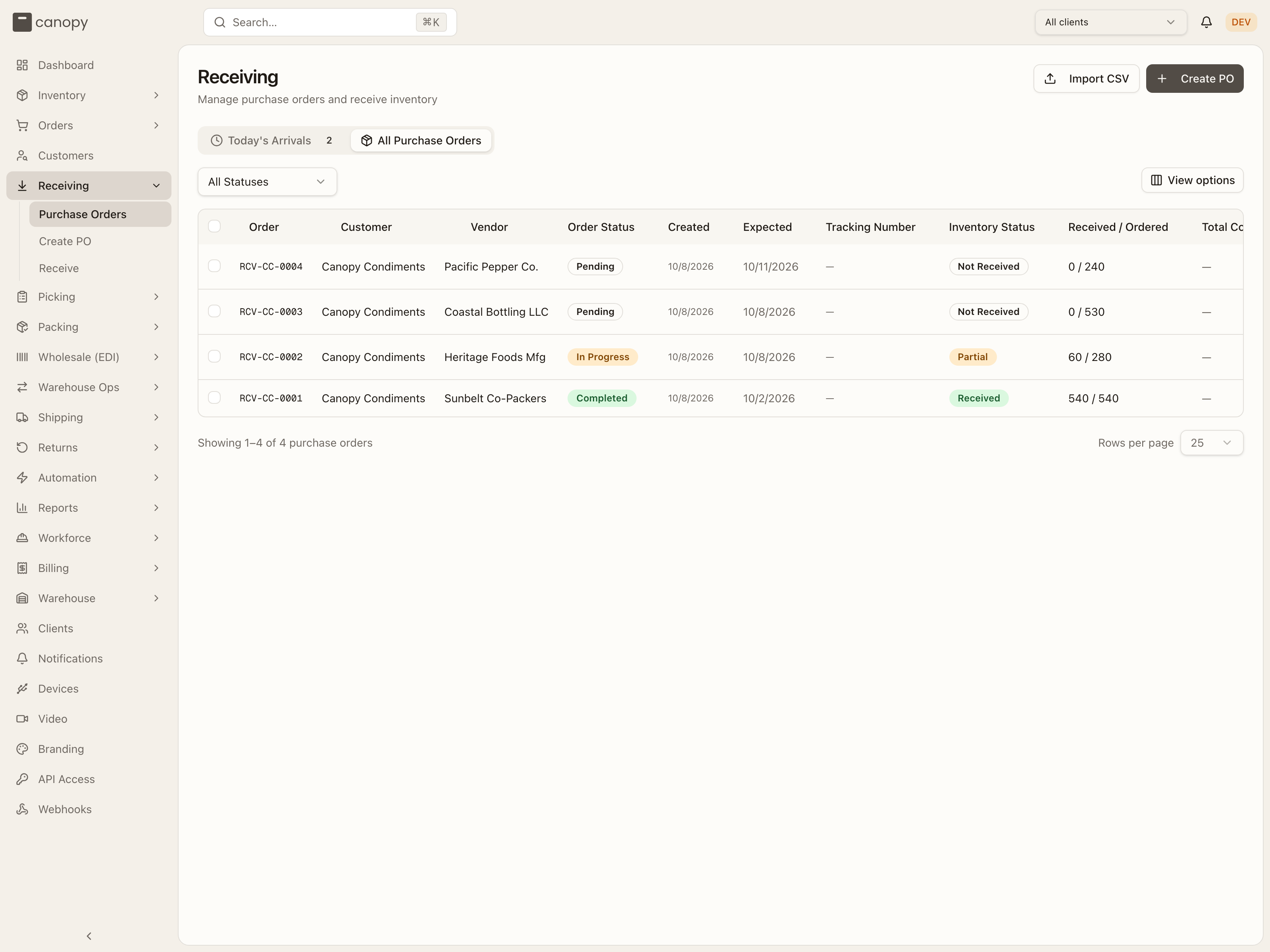 All Purchase Orders — every client's POs with order and inventory status, a status filter, View options, and pagination