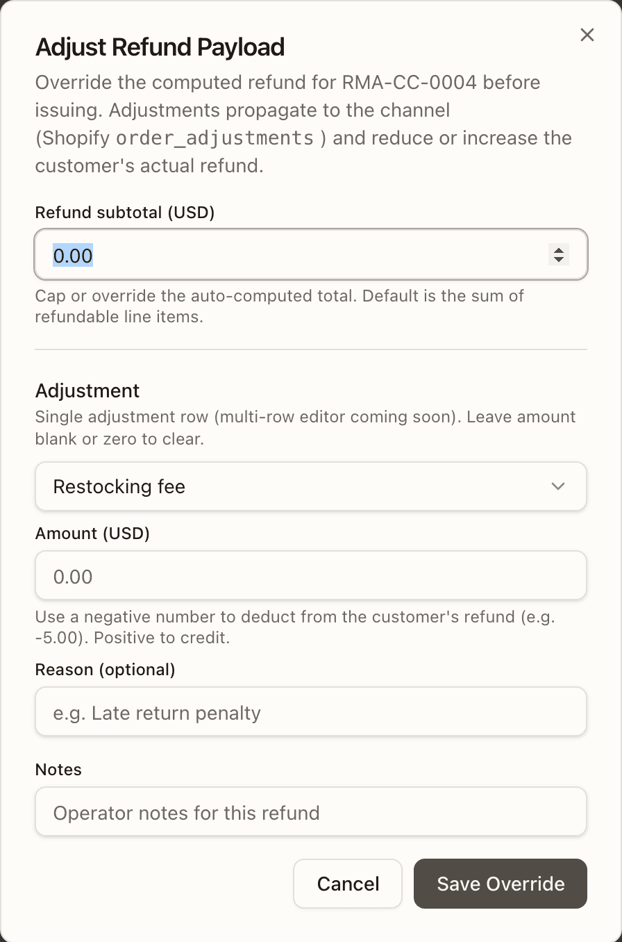The Adjust Refund Payload dialog