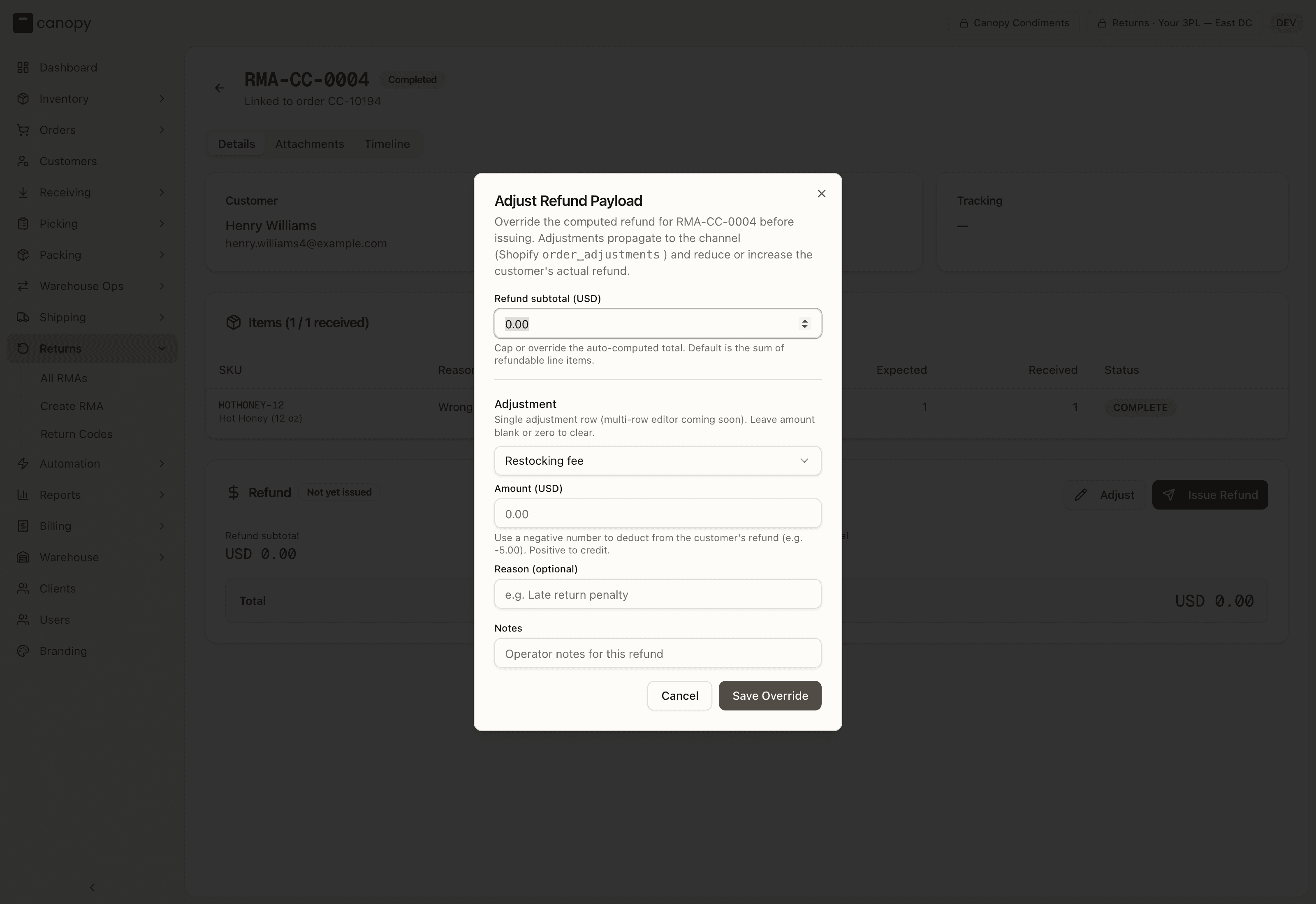 The Adjust Refund Payload dialog
