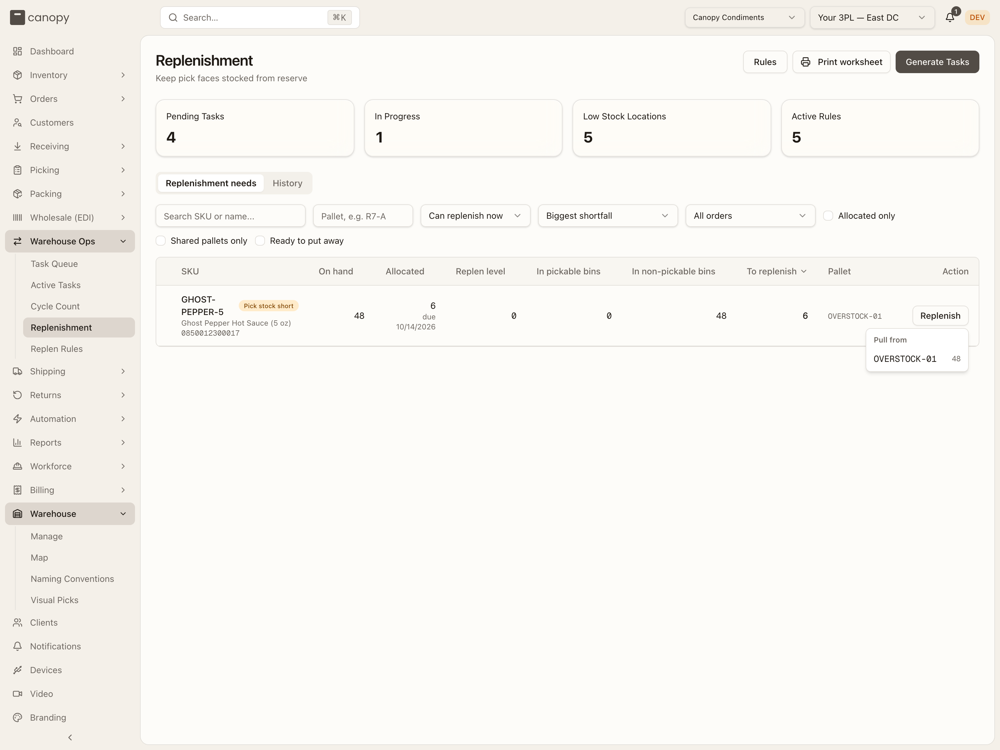 The Replenish button's Pull from menu on a SKU with no rule: each reserve bin with its units