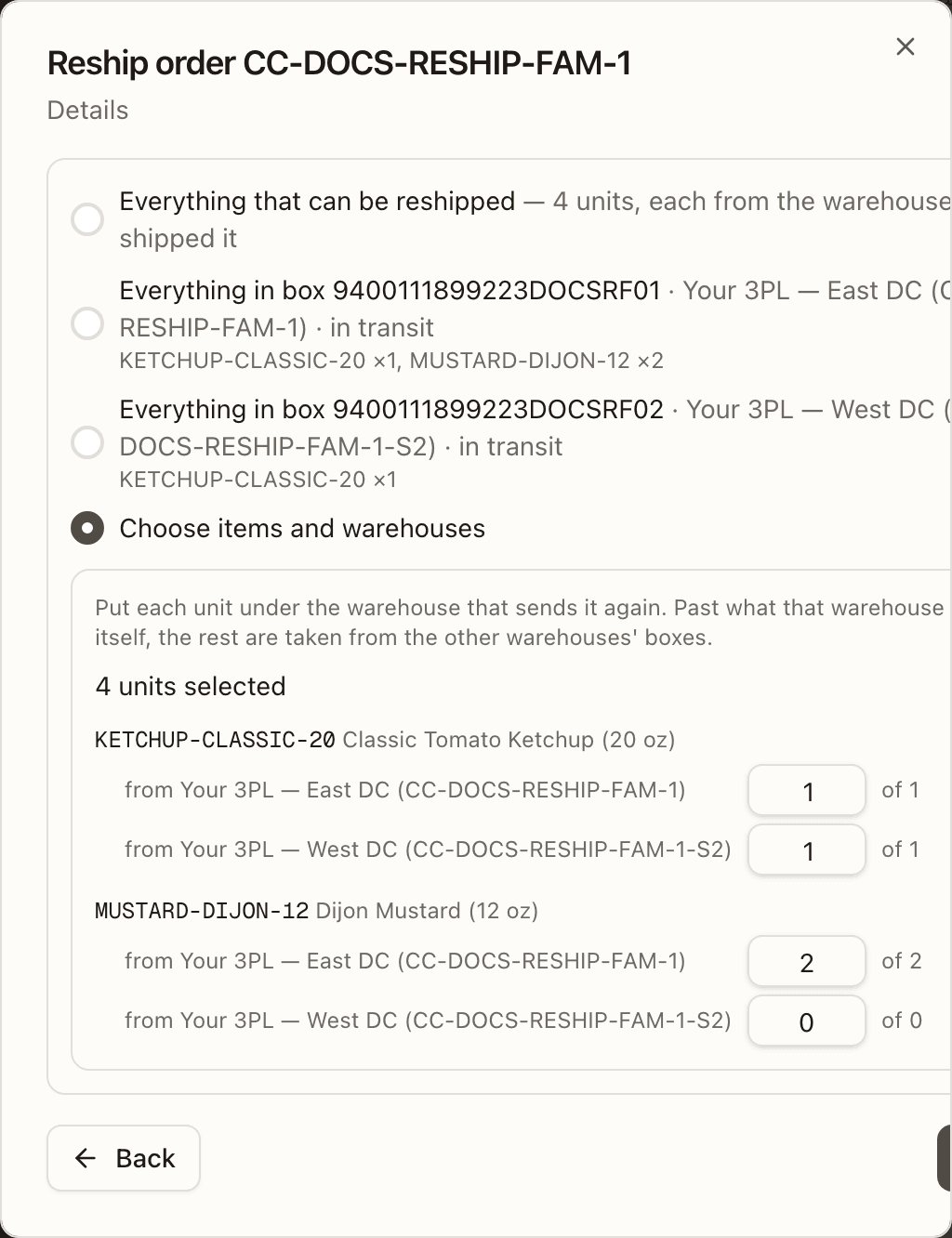 The Details step on a split order with Choose items and warehouses picked: each item with a count from East DC's order and one from West DC's order