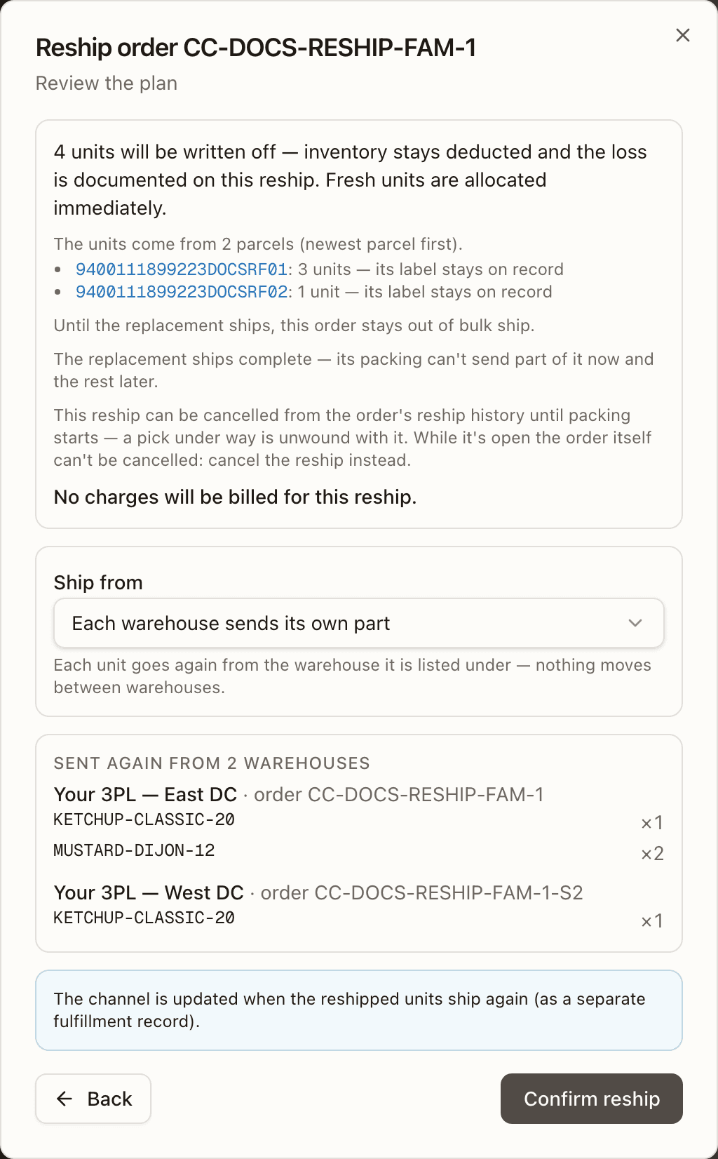 Review the plan on a split order: the Sent again from 2 warehouses card, with East DC's order and West DC's order each listing the items it sends again