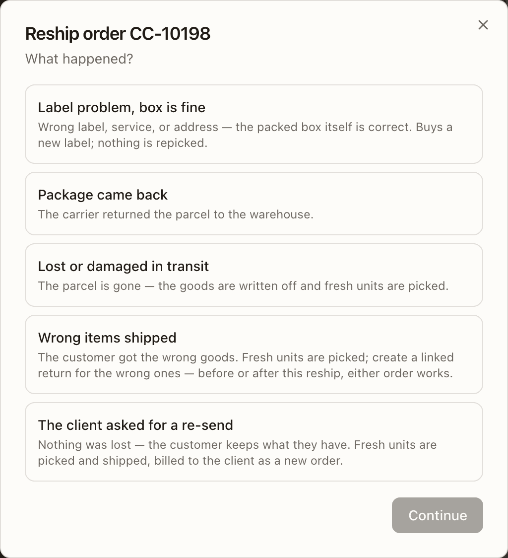 The reship wizard's first step — the five What happened? cards, with The client asked for a re-send last