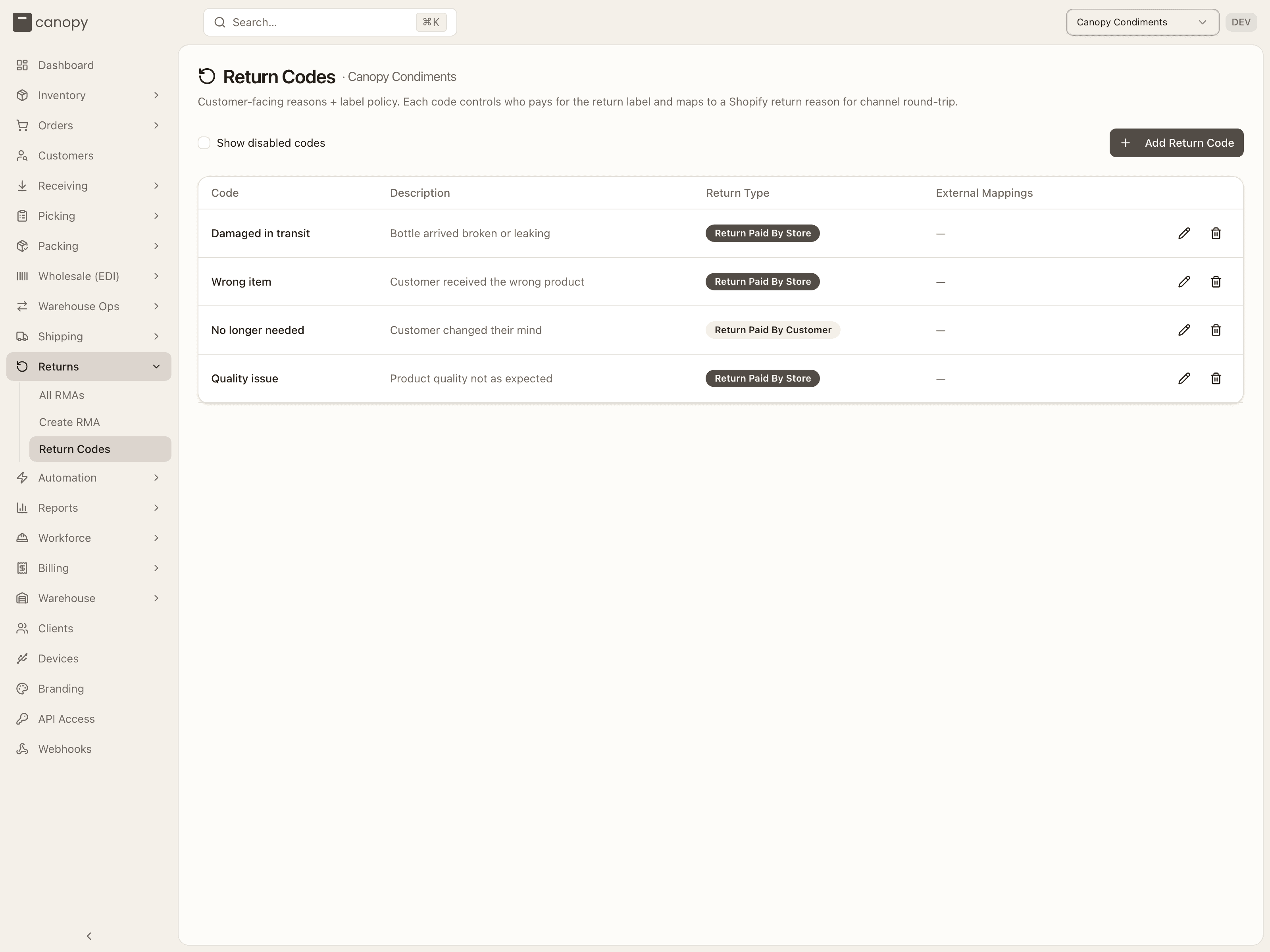 Return reason codes for a pinned client