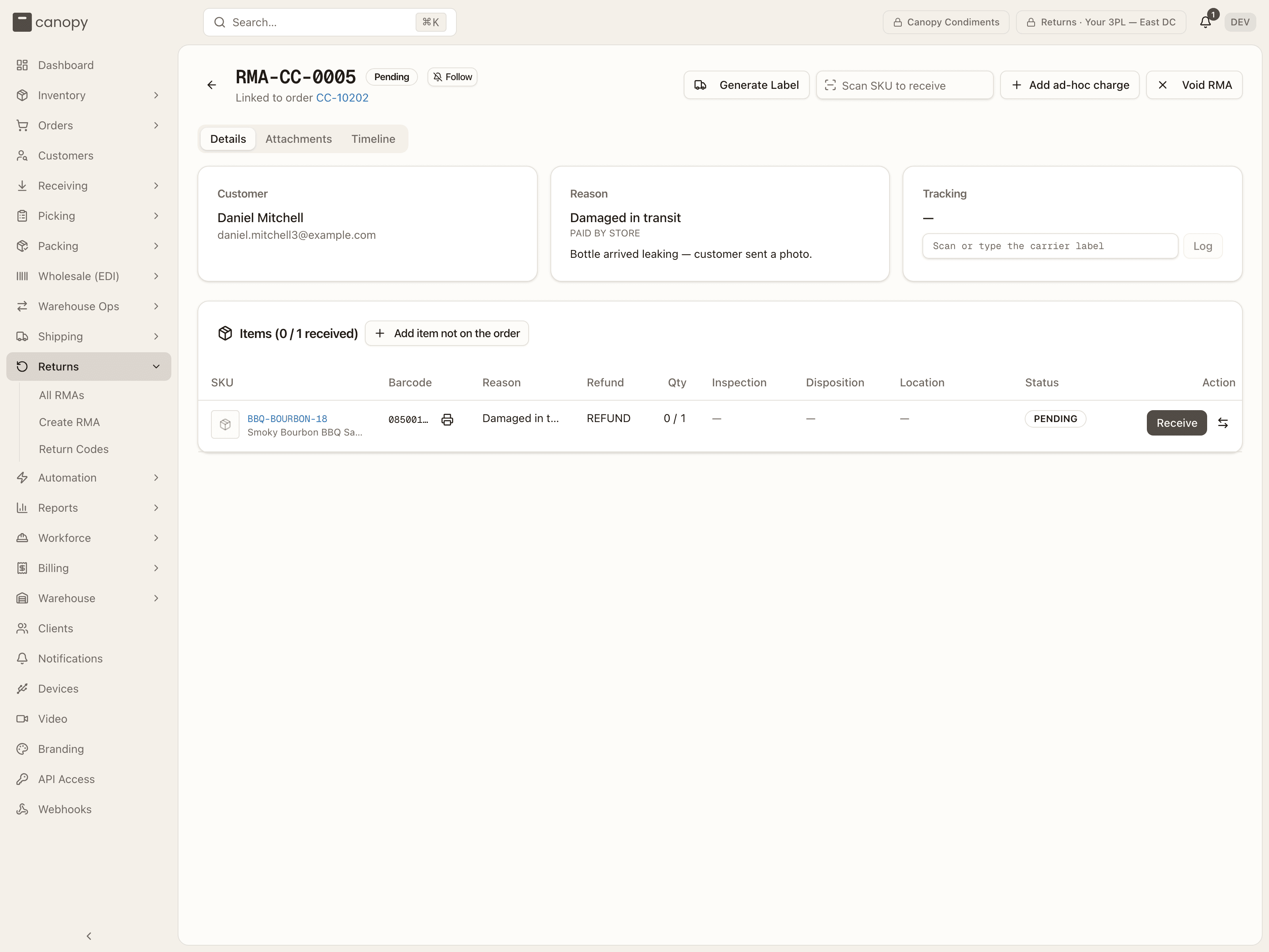 A Pending RMA — scan box, tracking capture, and a line ready to receive
