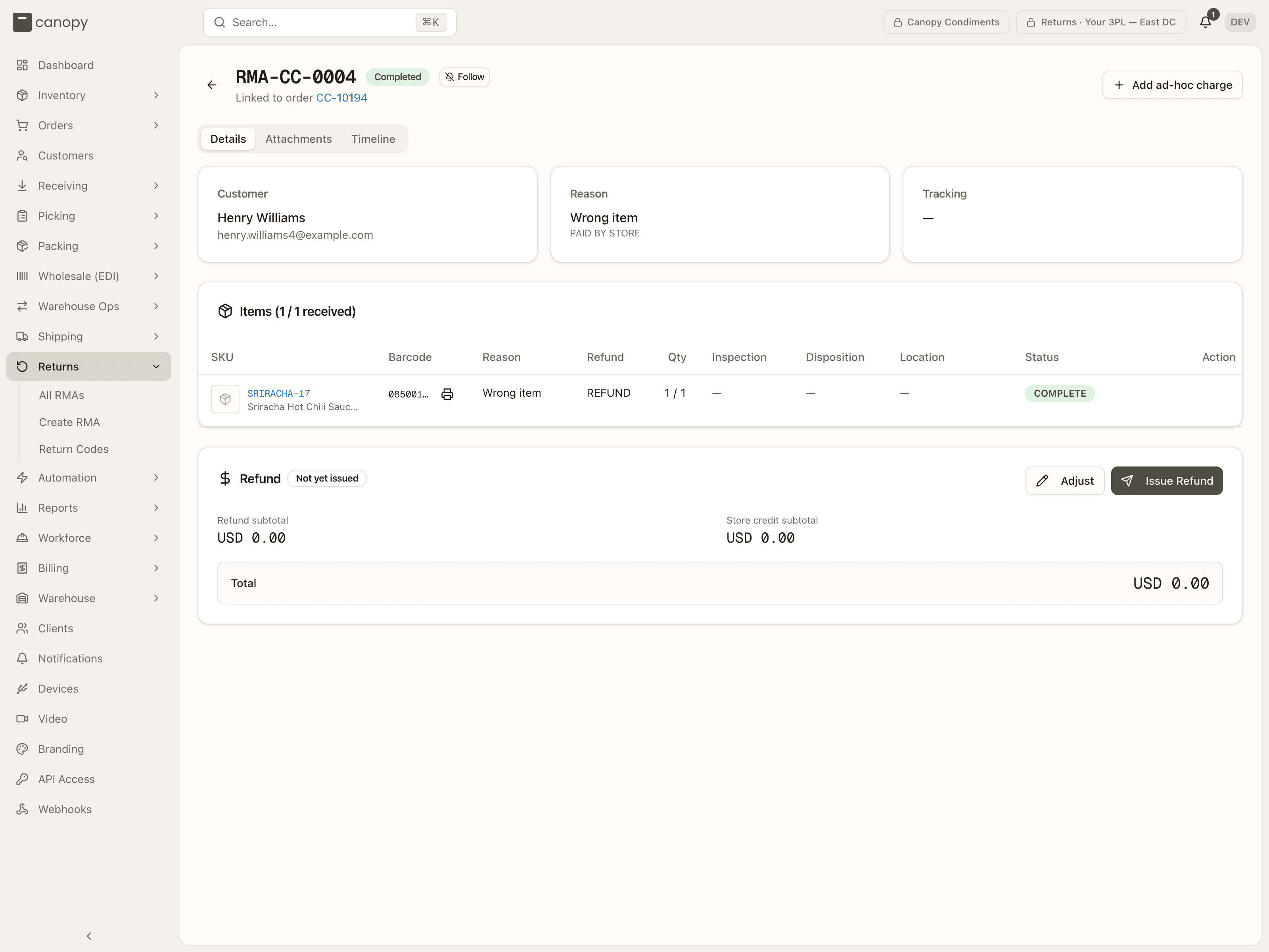A completed RMA — items received, refund not yet issued