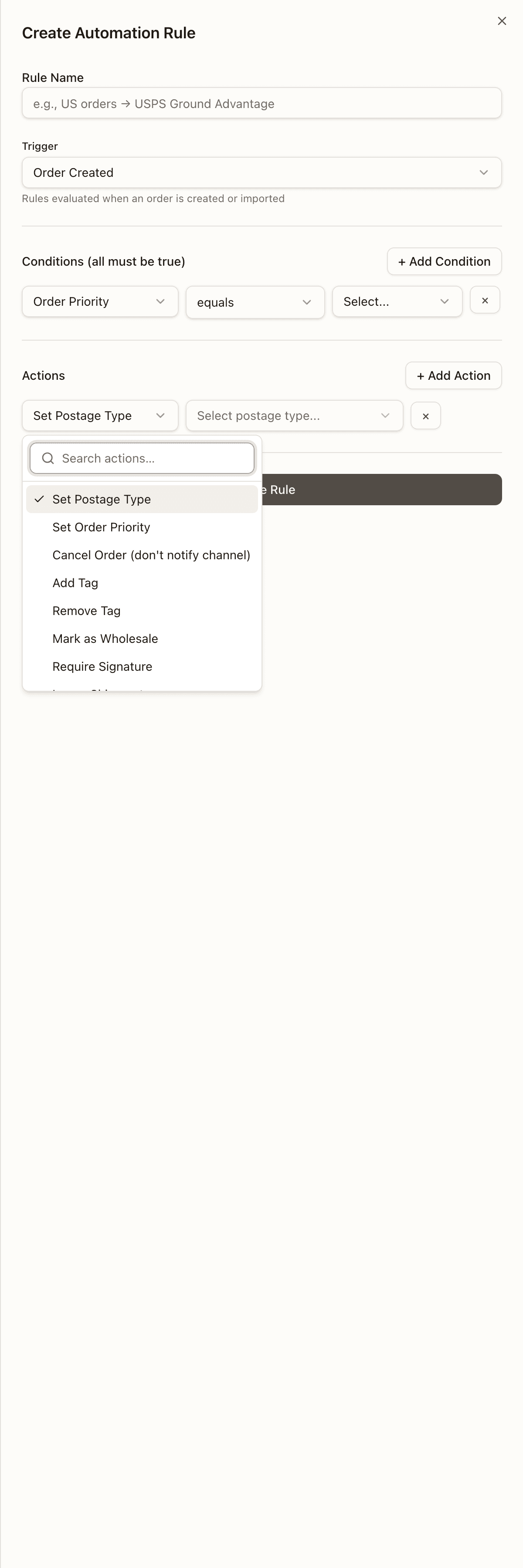 The action picker, listing every Order Created action