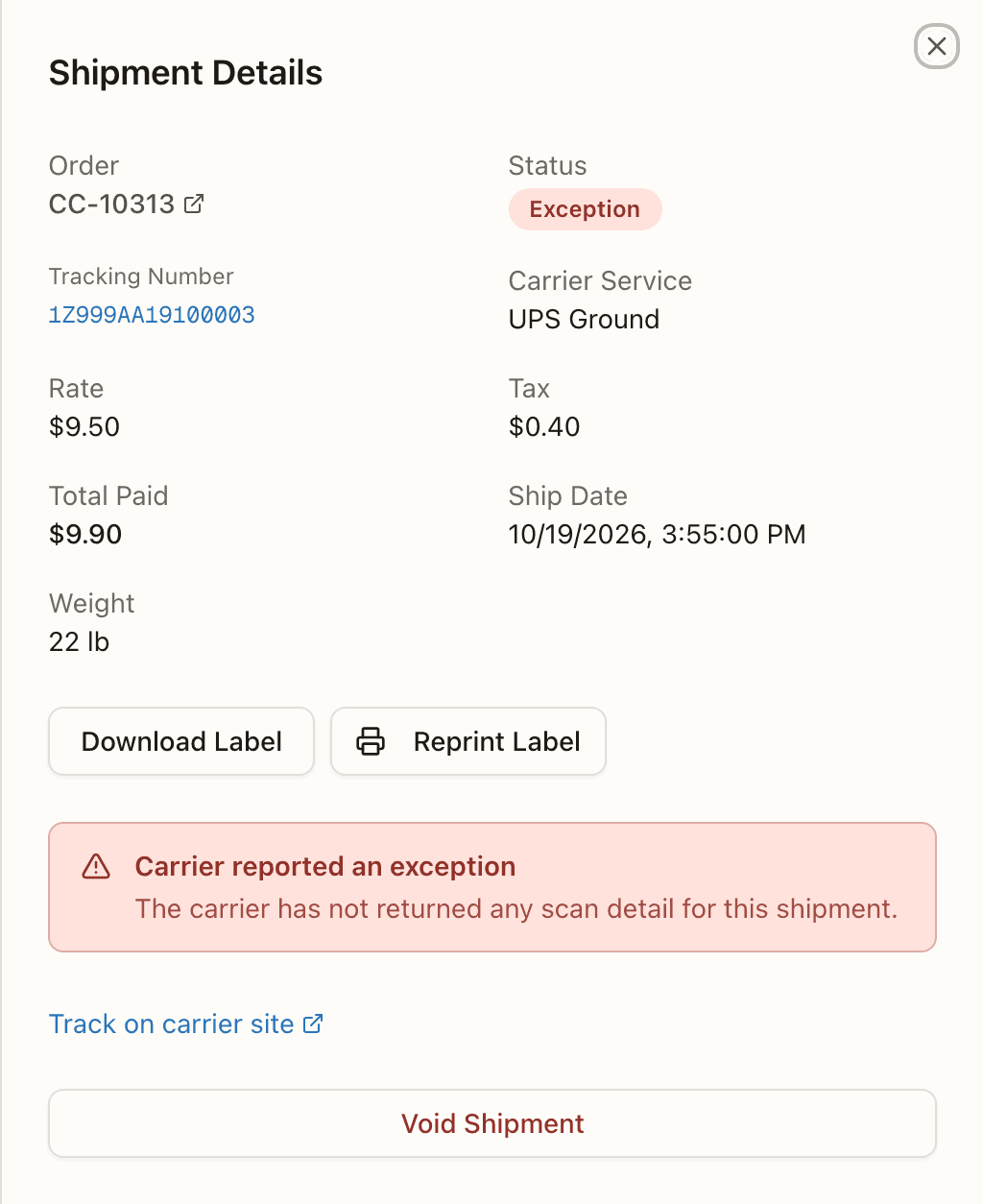 The exception shipment: the red banner names the carrier's latest scan