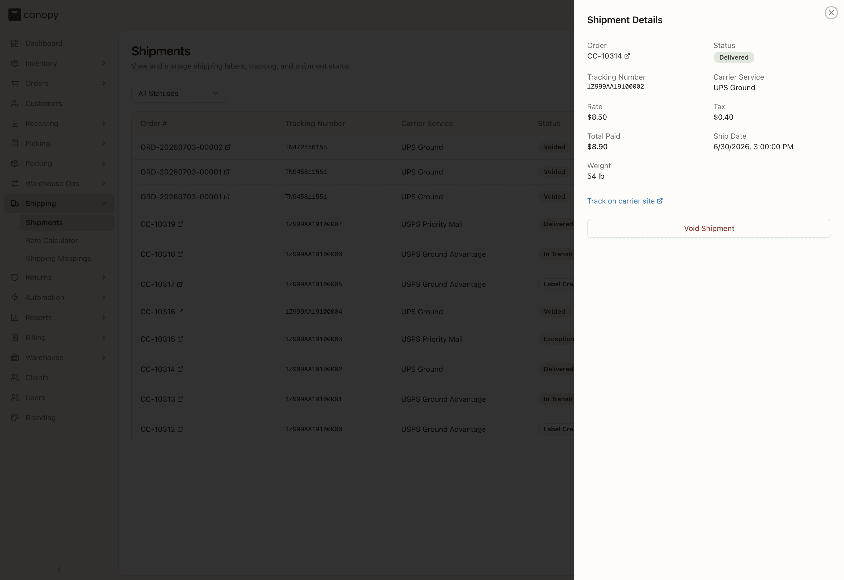 A shipment's detail panel