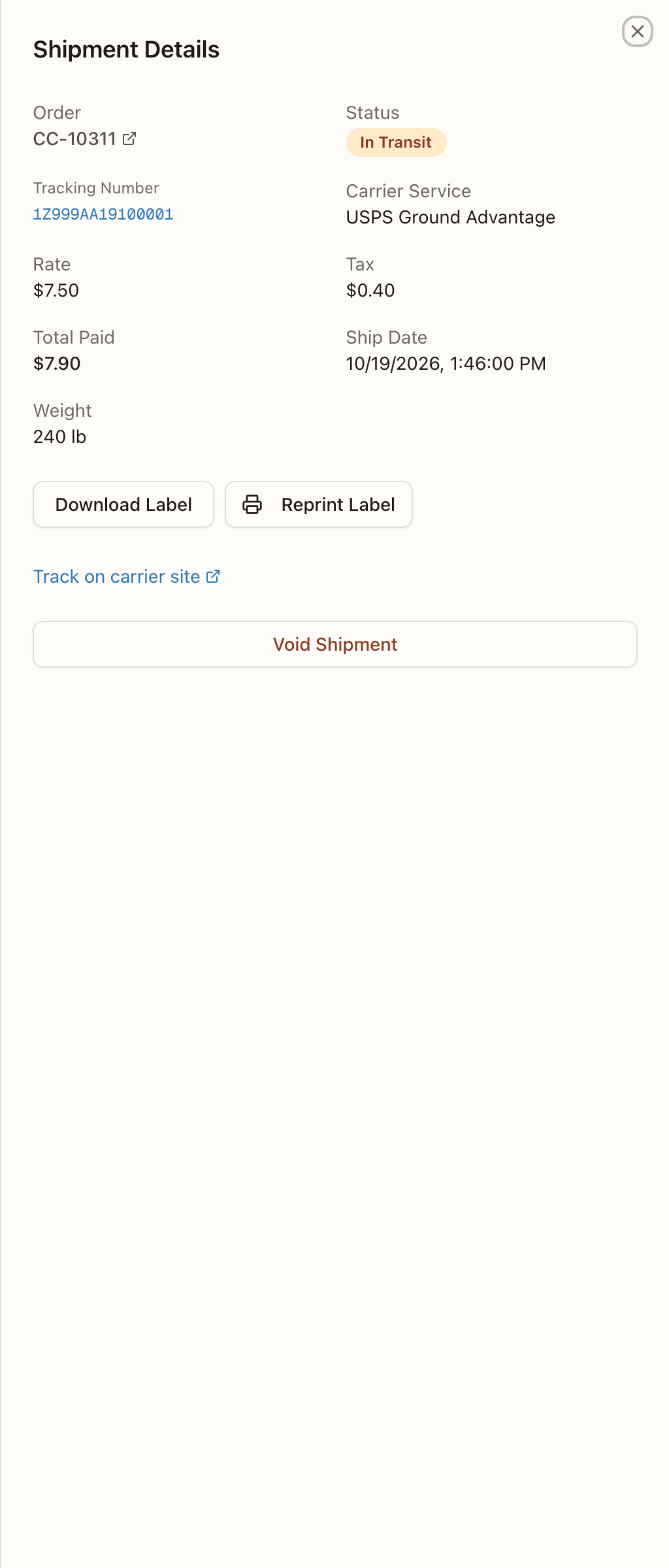 A shipment's detail sheet: an In Transit parcel with Download Label and Reprint Label under the facts, no carrier events seeded, and Void Shipment at the bottom