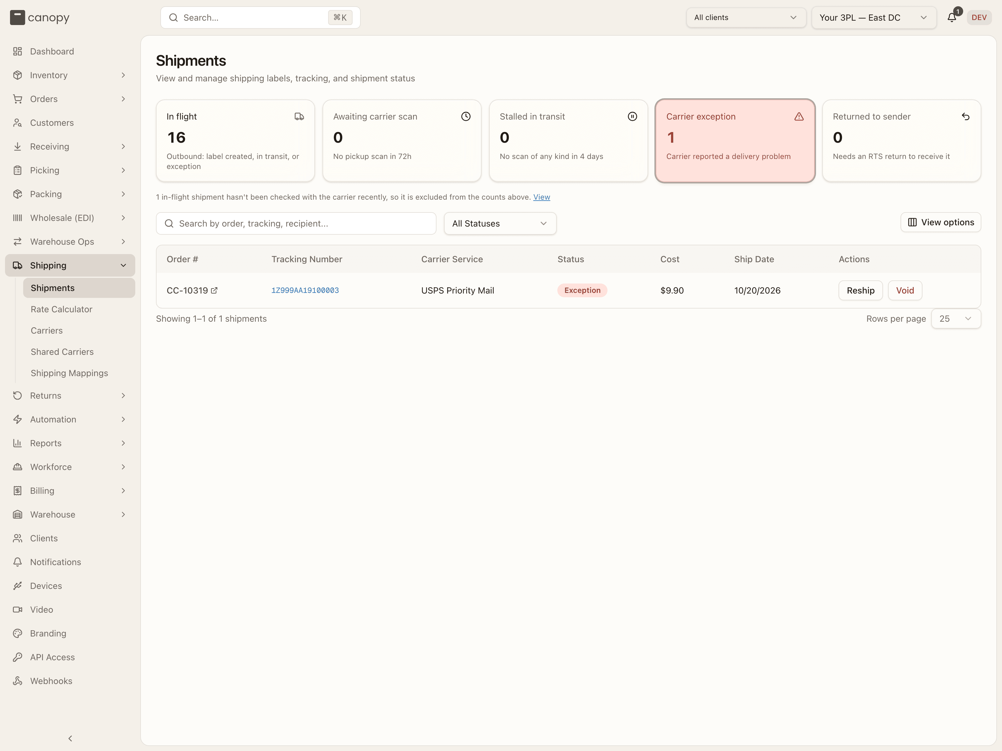Filtered to Carrier exception: the card is pressed and only the Exception shipment remains