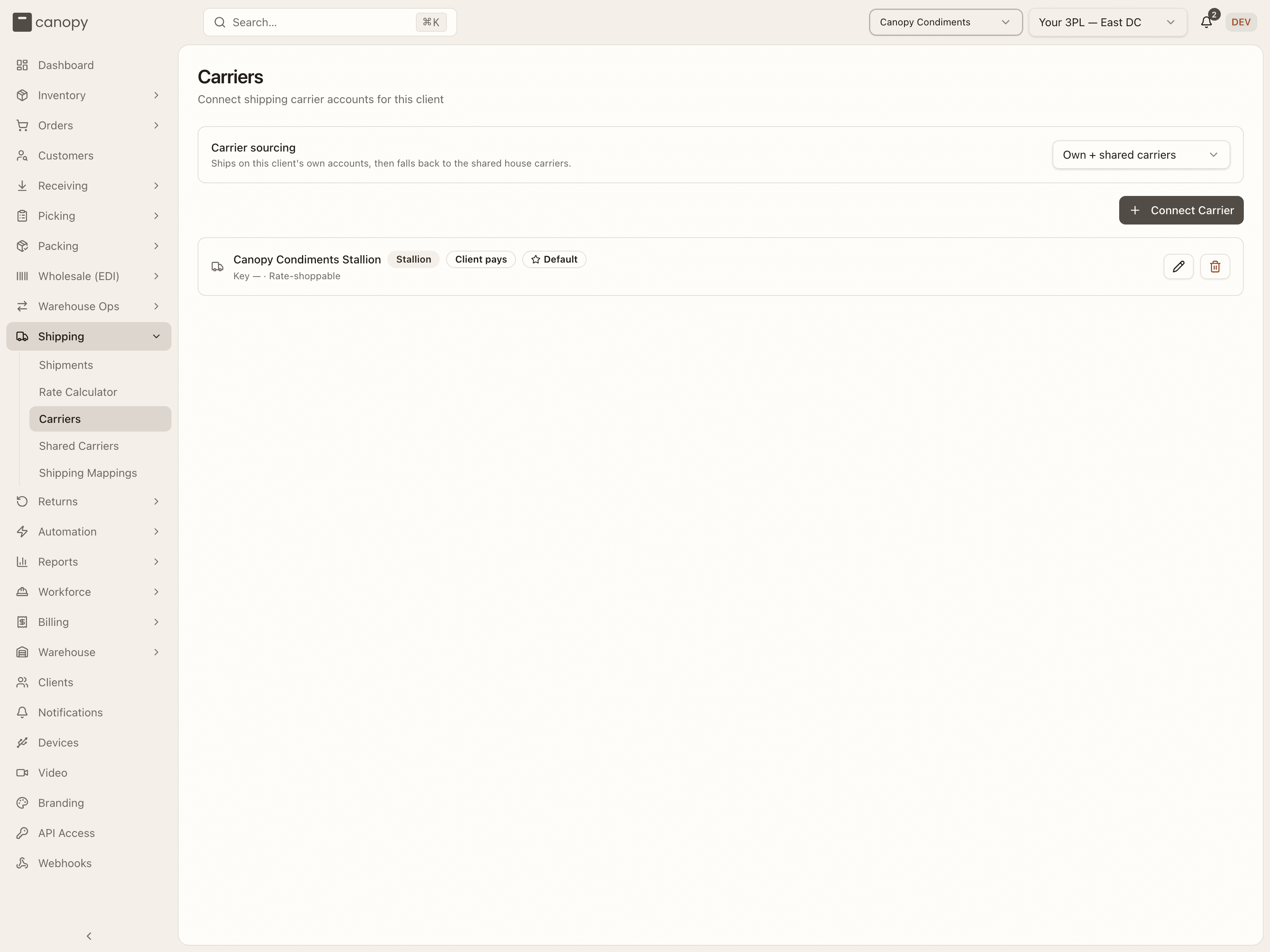 A client's Carriers page: the Carrier sourcing setting, Connect Carrier, and one account card