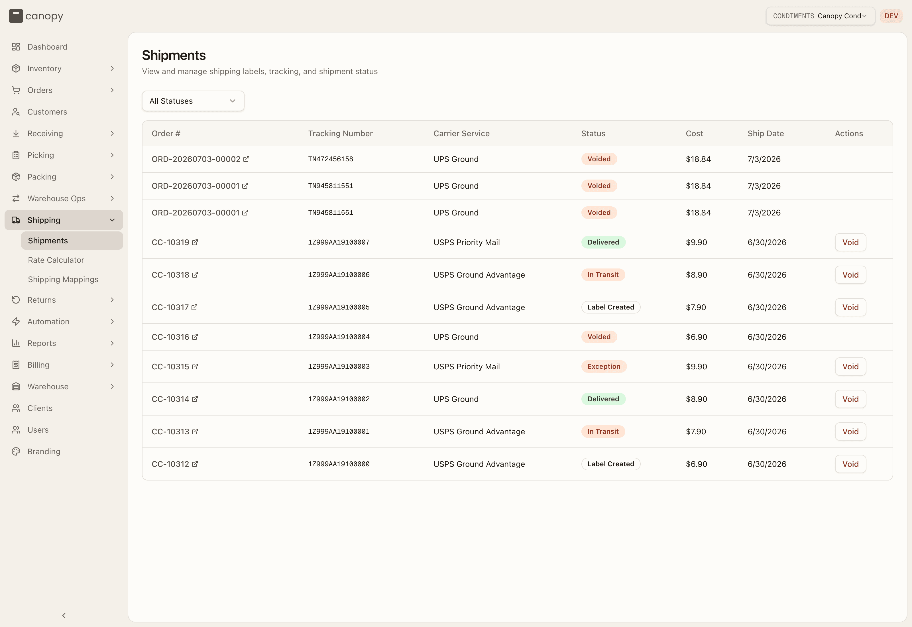 The Shipments list
