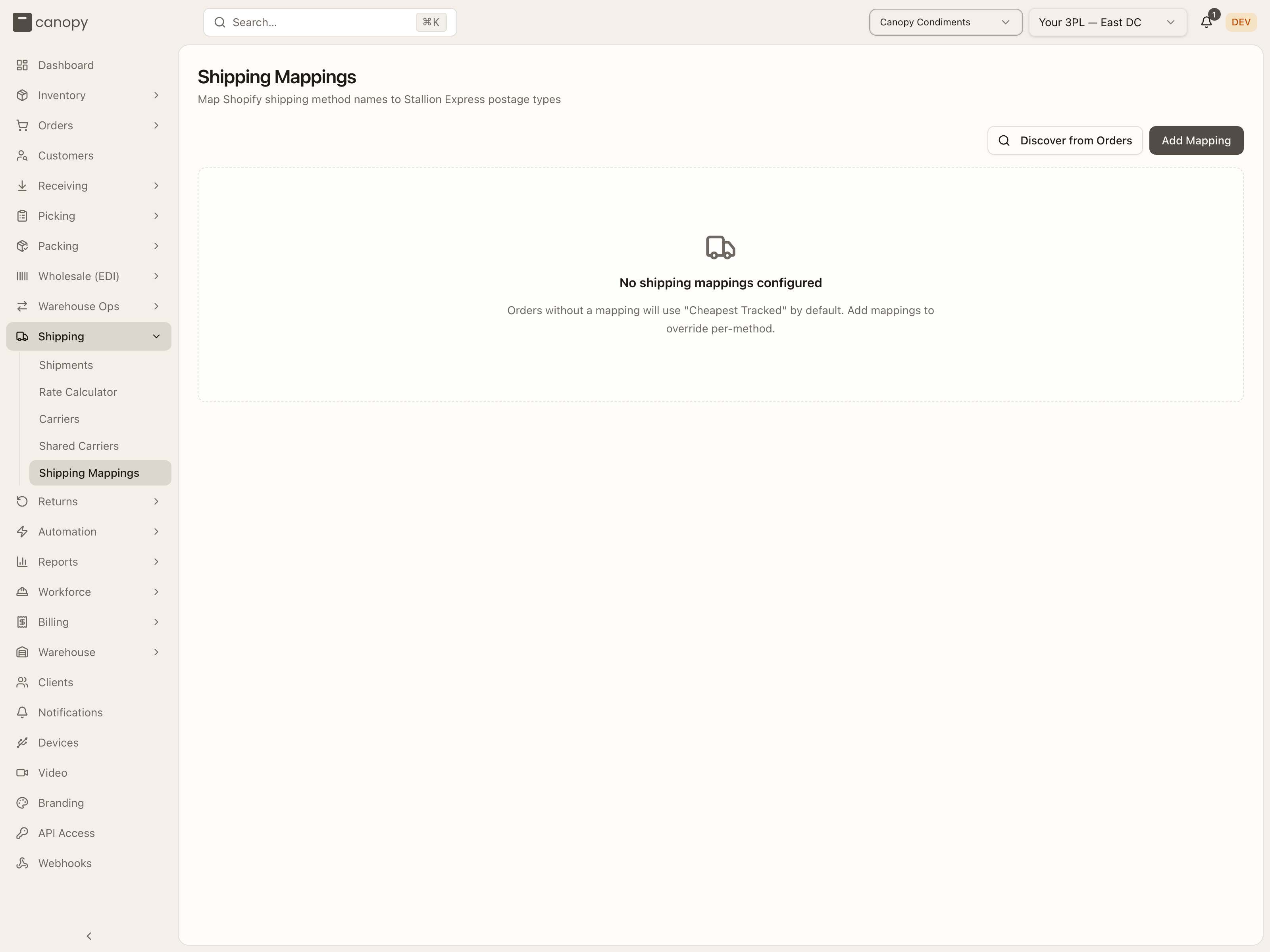 Shipping Mappings for a client with no mappings yet — the page explains that unmapped orders ship on Cheapest Tracked