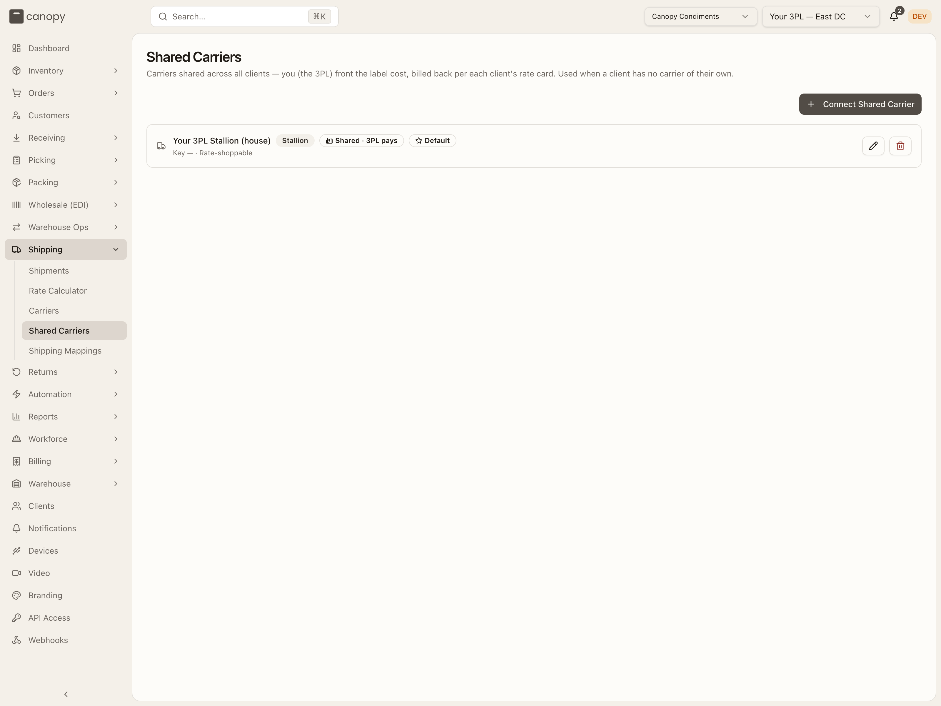 Shared Carriers: one house account per carrier, marked Shared · 3PL pays