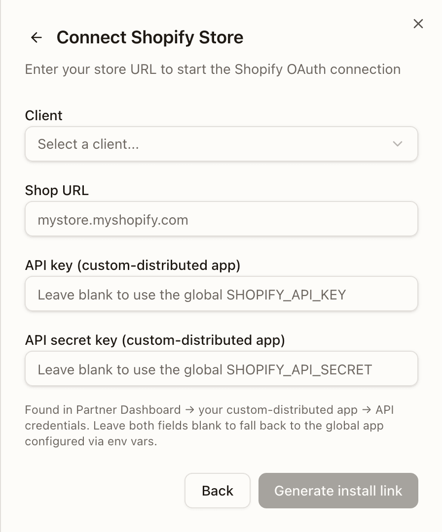 The Connect Shopify Store form