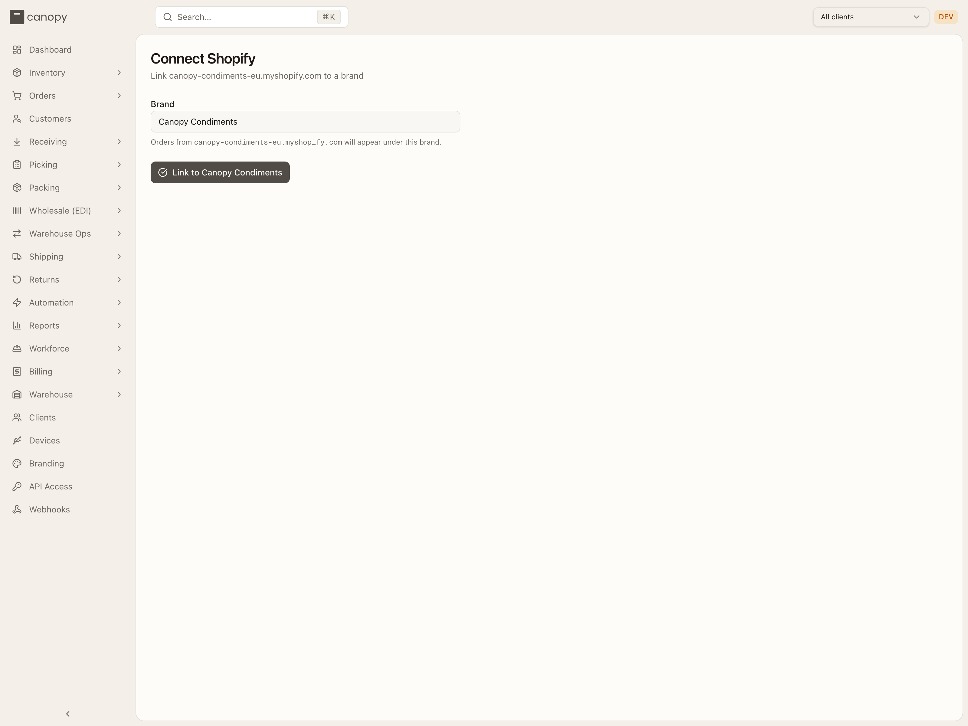 Connect Shopify — linking a pending install to a brand