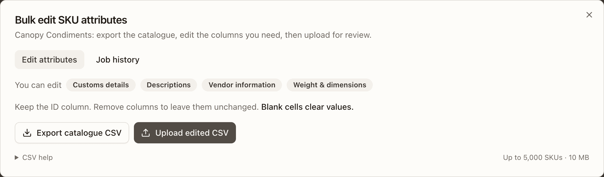 The Bulk edit SKU attributes dialog