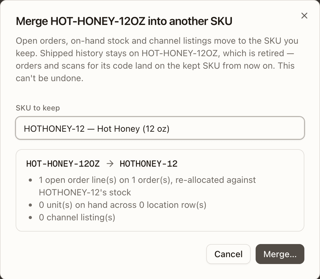 The merge dialog with a target picked — what would move, before the confirm step