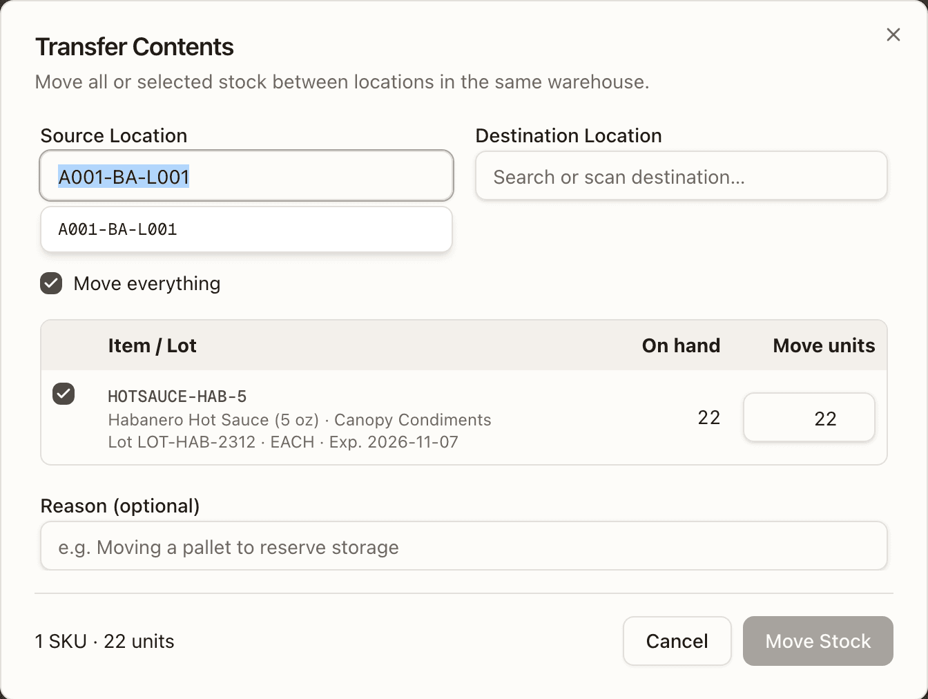 Transfer Contents — the source bin's rows with Move everything, the destination picker and Move Stock