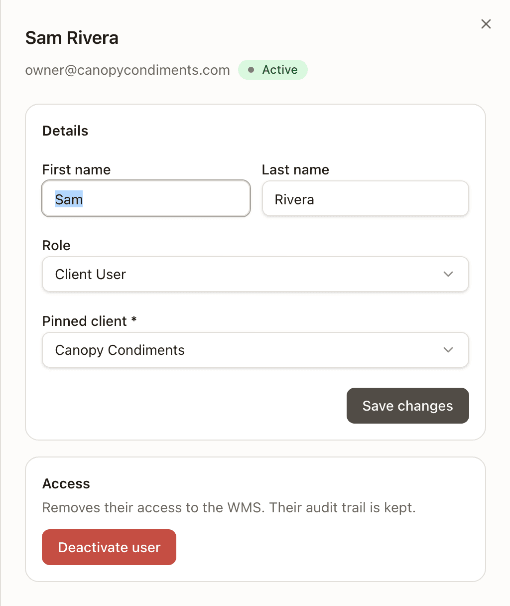 A client user's detail sheet