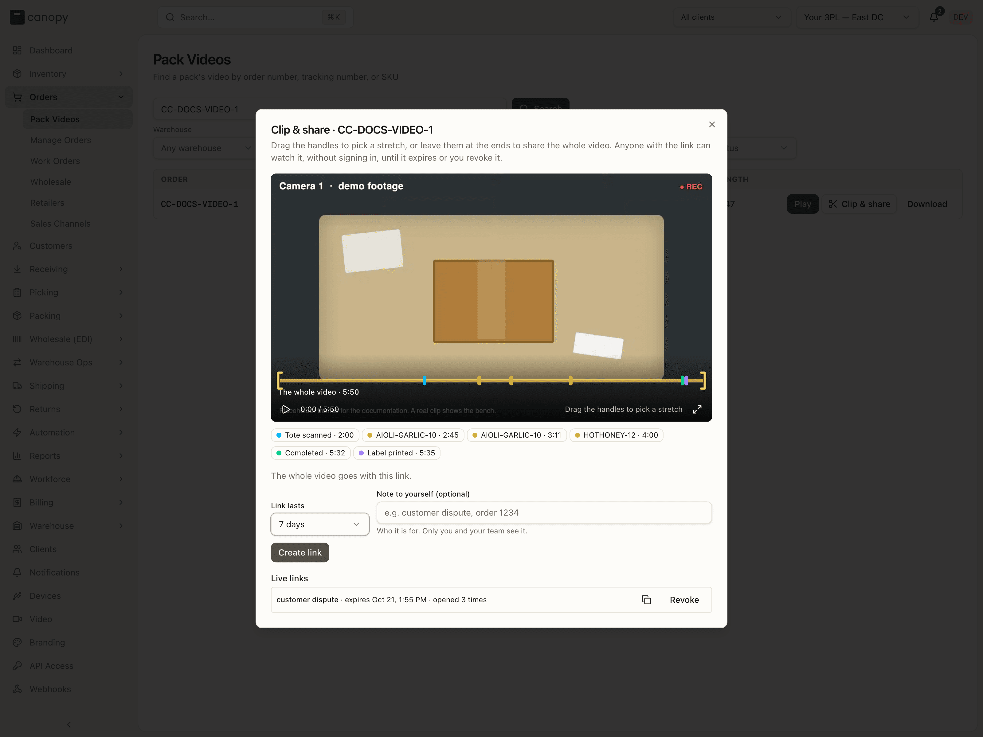 The Clip & share window on a Ready clip: the video with its two handles, Link lasts, the note, and Create link