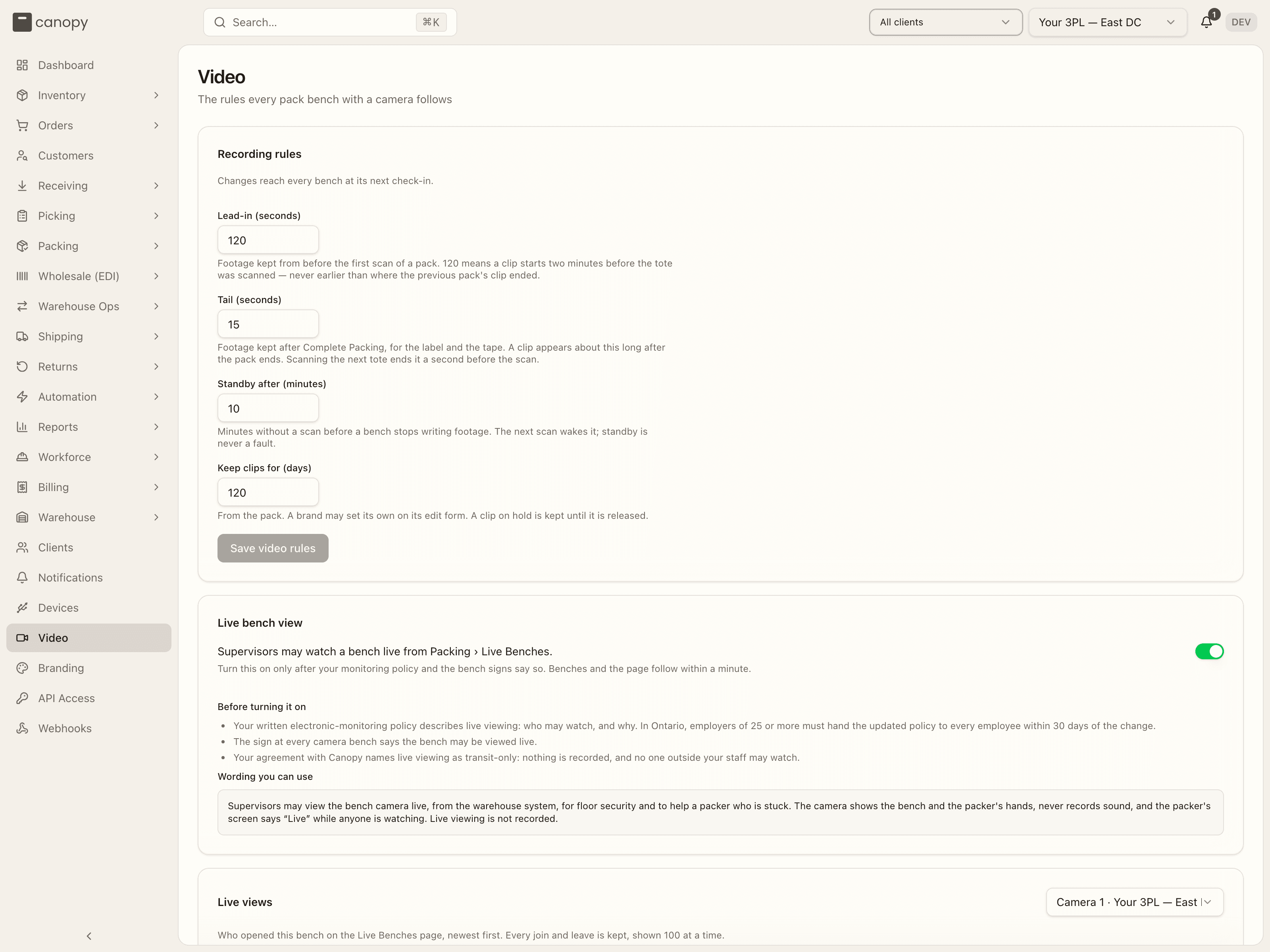 Settings → Video: the Recording rules form with Lead-in, Tail, Standby after and Keep clips for