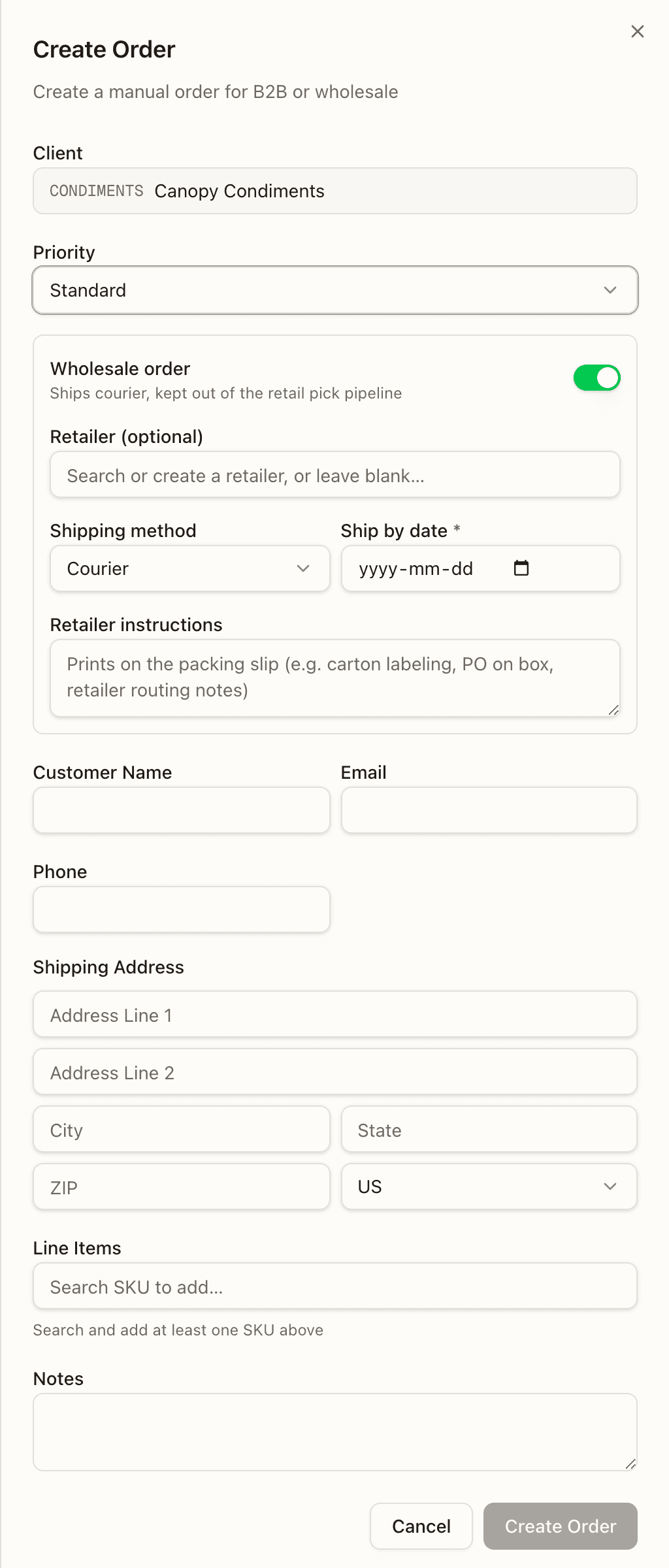 Creating a non-EDI wholesale order
