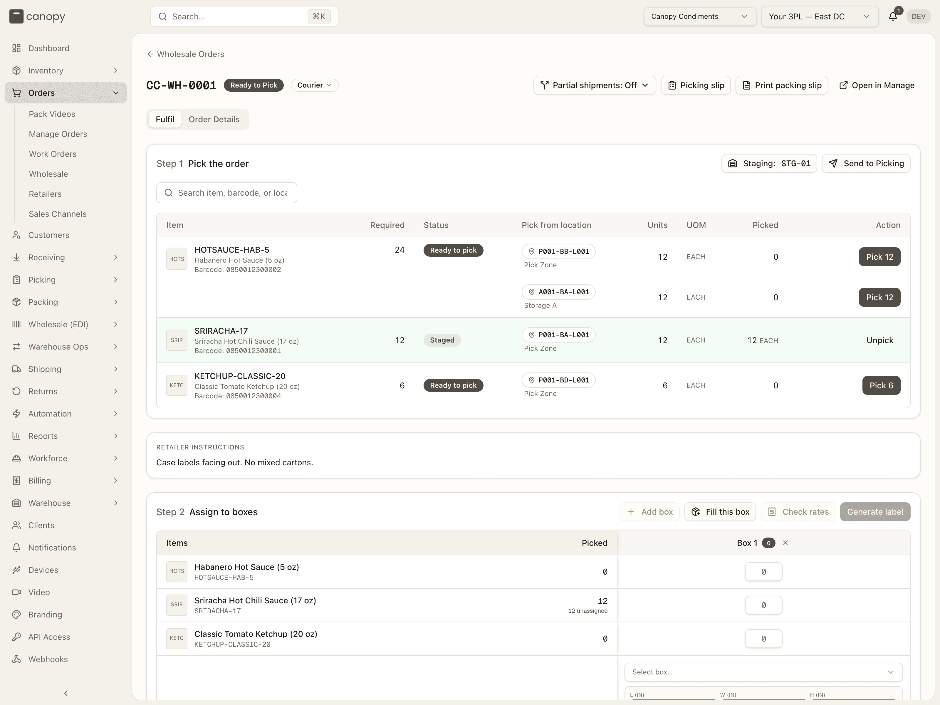 A wholesale order's Fulfil tab — pick, box, complete