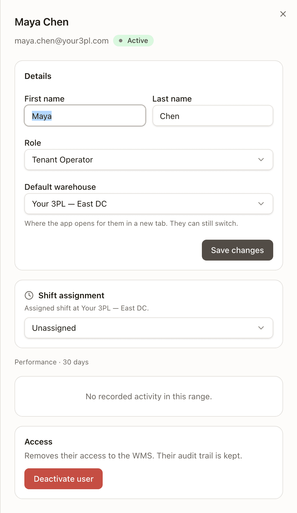 A user's detail panel — Details, Shift assignment, Performance and Access