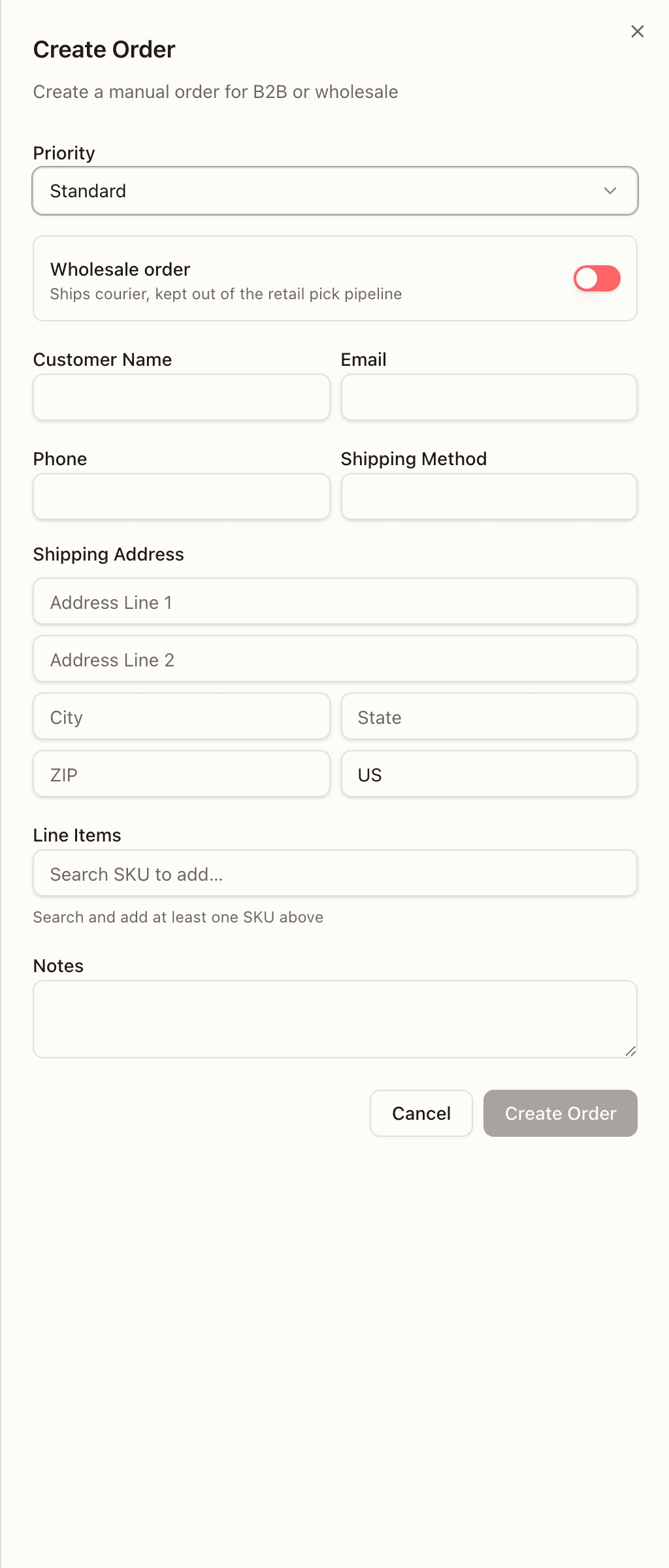 The Create Order form