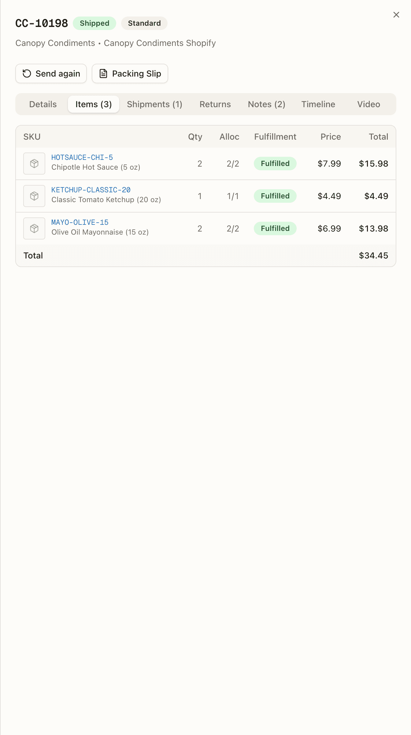 The order detail Items tab