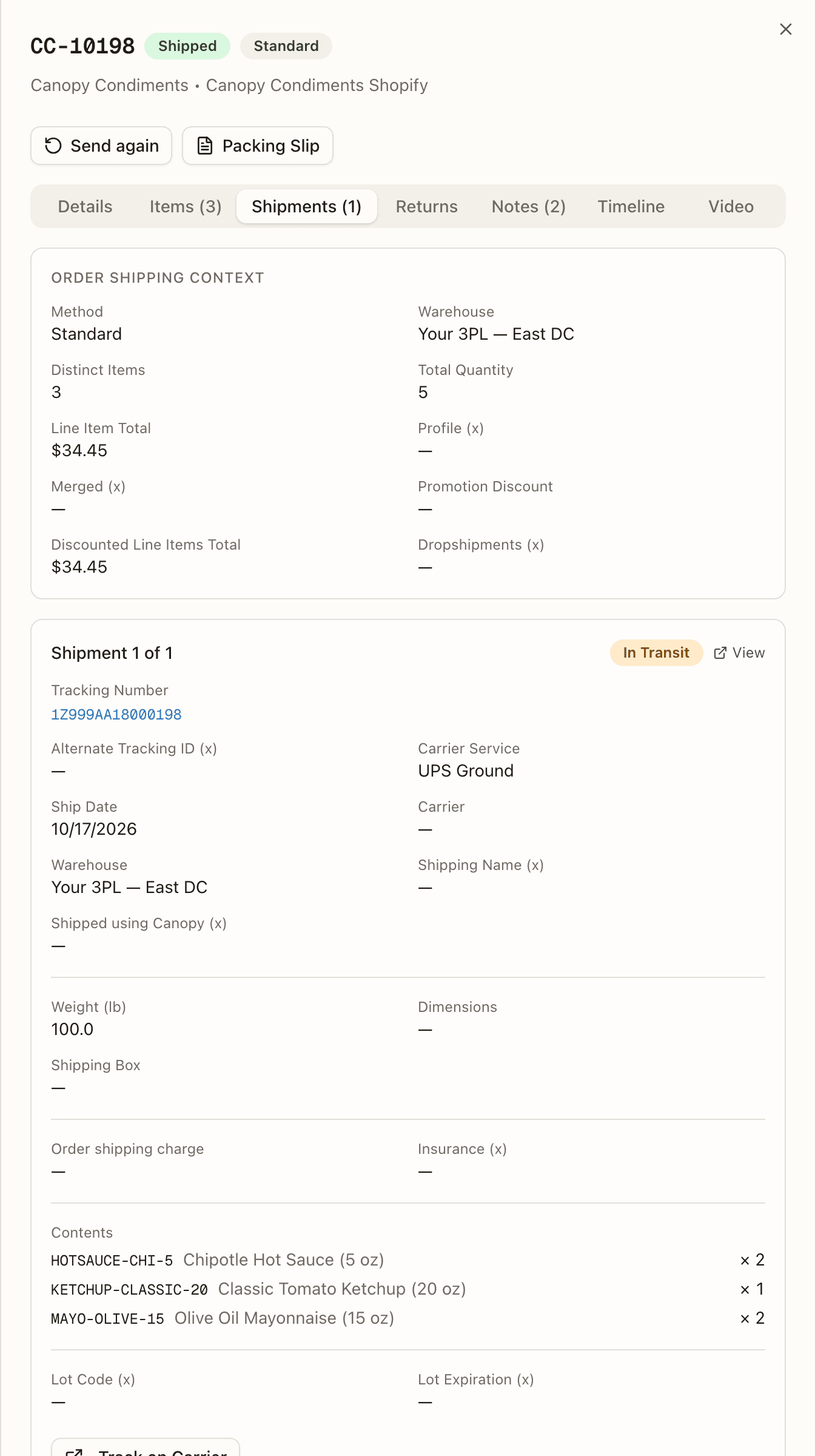 The order detail Shipments tab on a shipped order — the Order Shipping Context summary, then the parcel's card