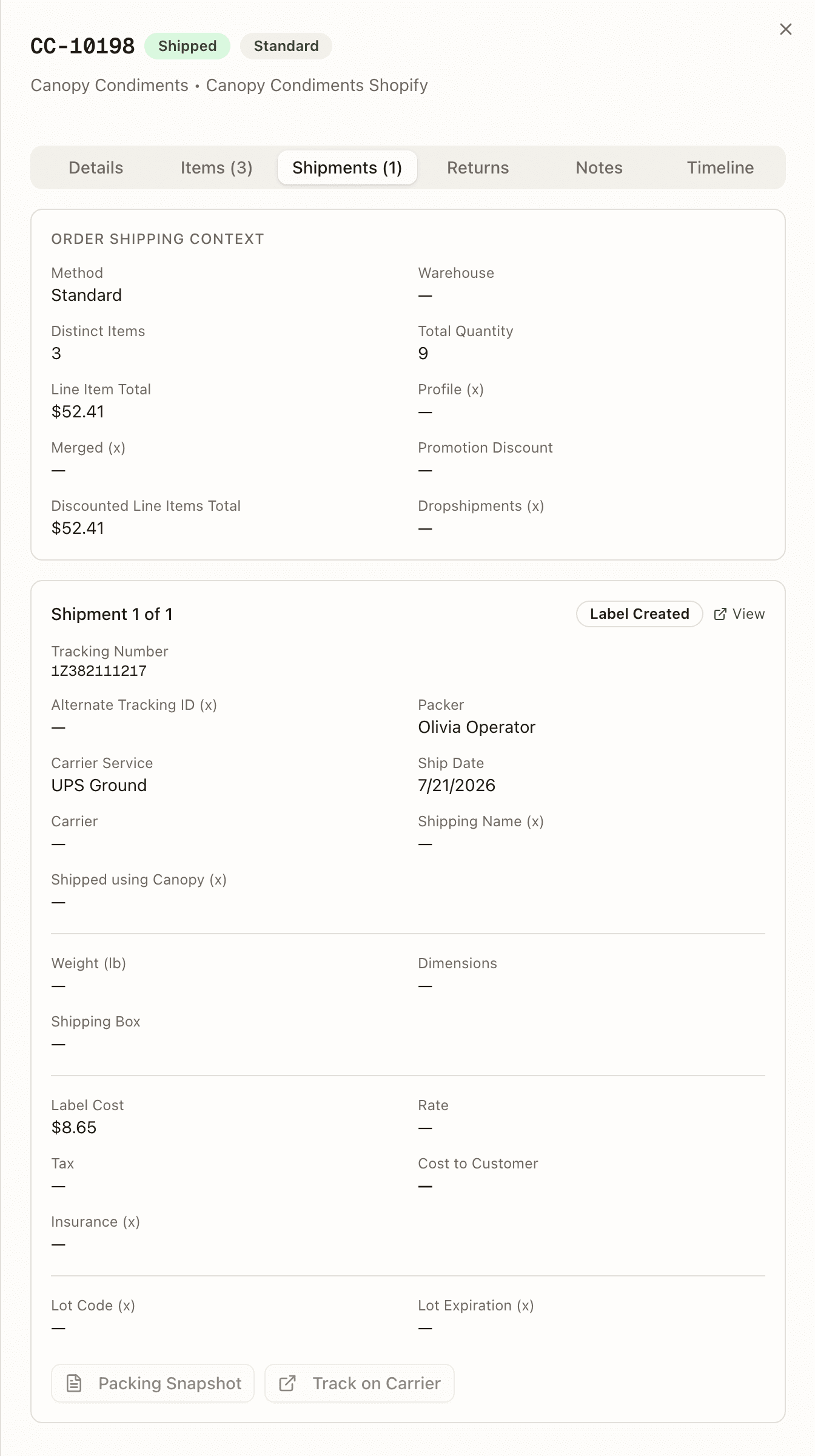 The order detail Shipments tab