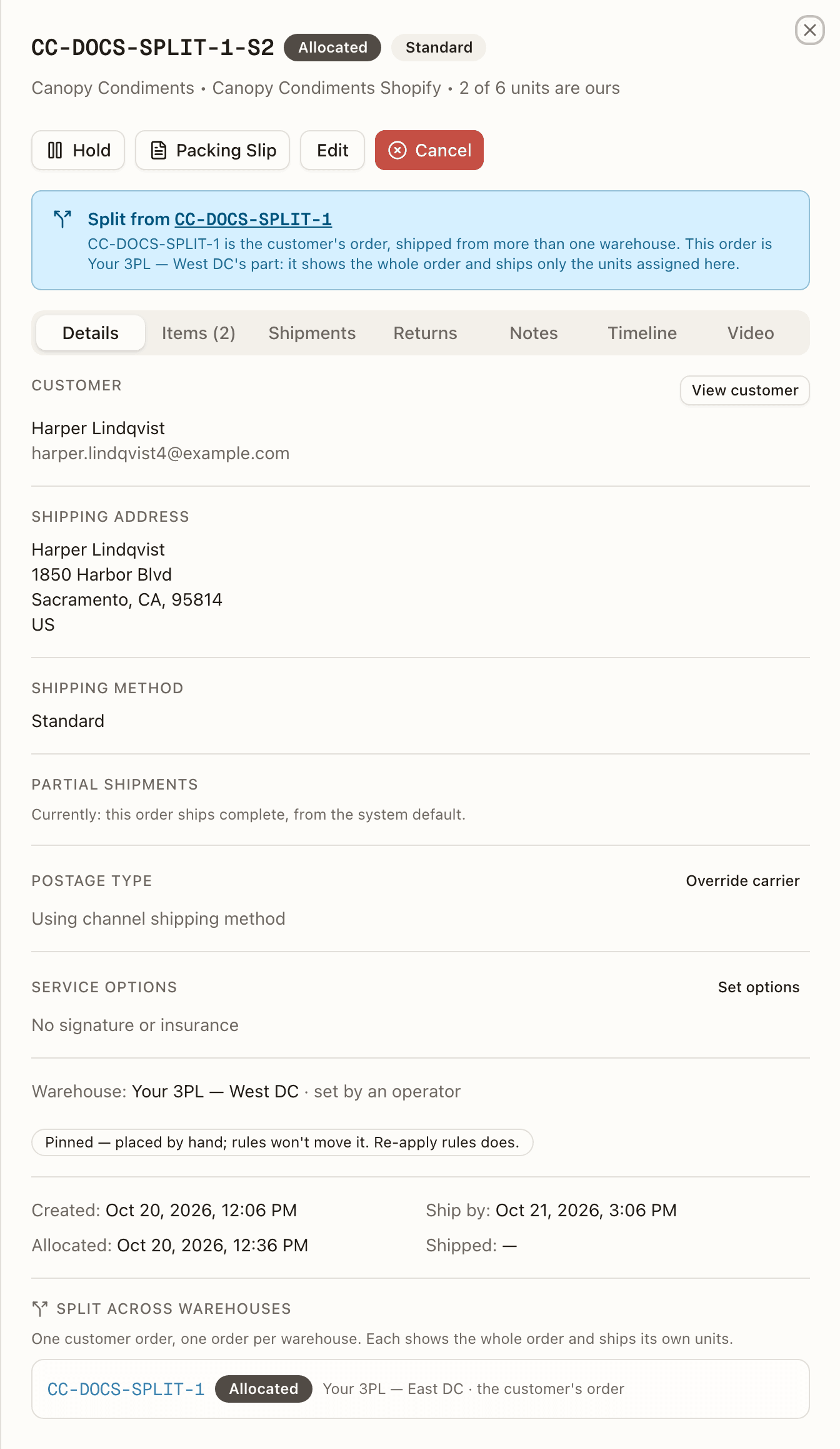 One warehouse's order of a split order — the Split from banner above the tabs and the Split across warehouses section on the Details tab