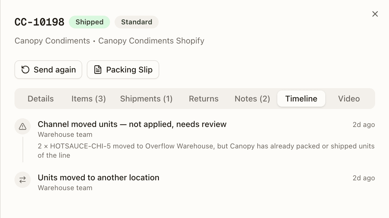 The Timeline tab of a shipped order — Units moved to another location, then Channel moved units — not applied, needs review