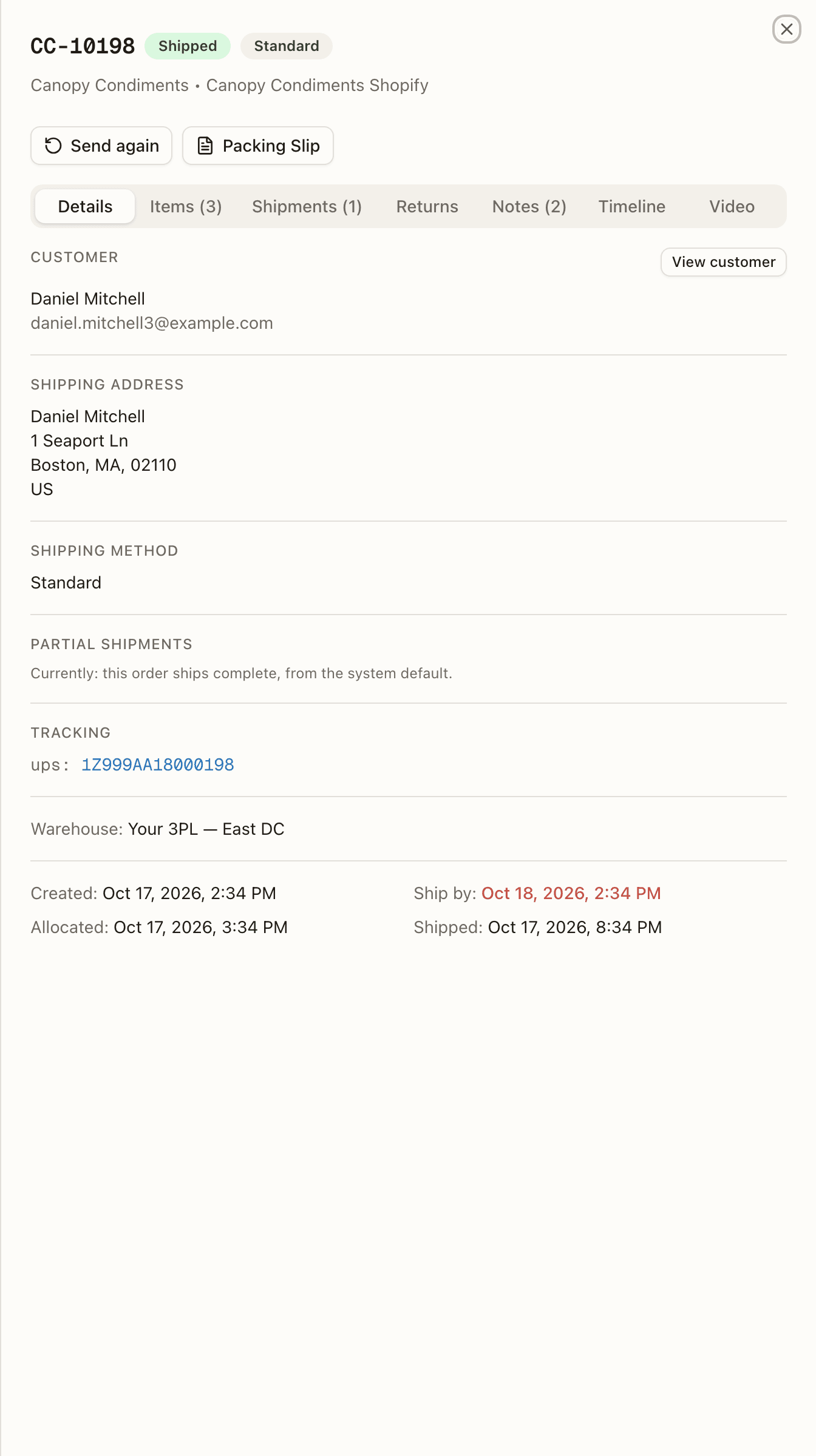 The order detail Details tab — customer with View customer, shipping address and method, tracking, and the dates row