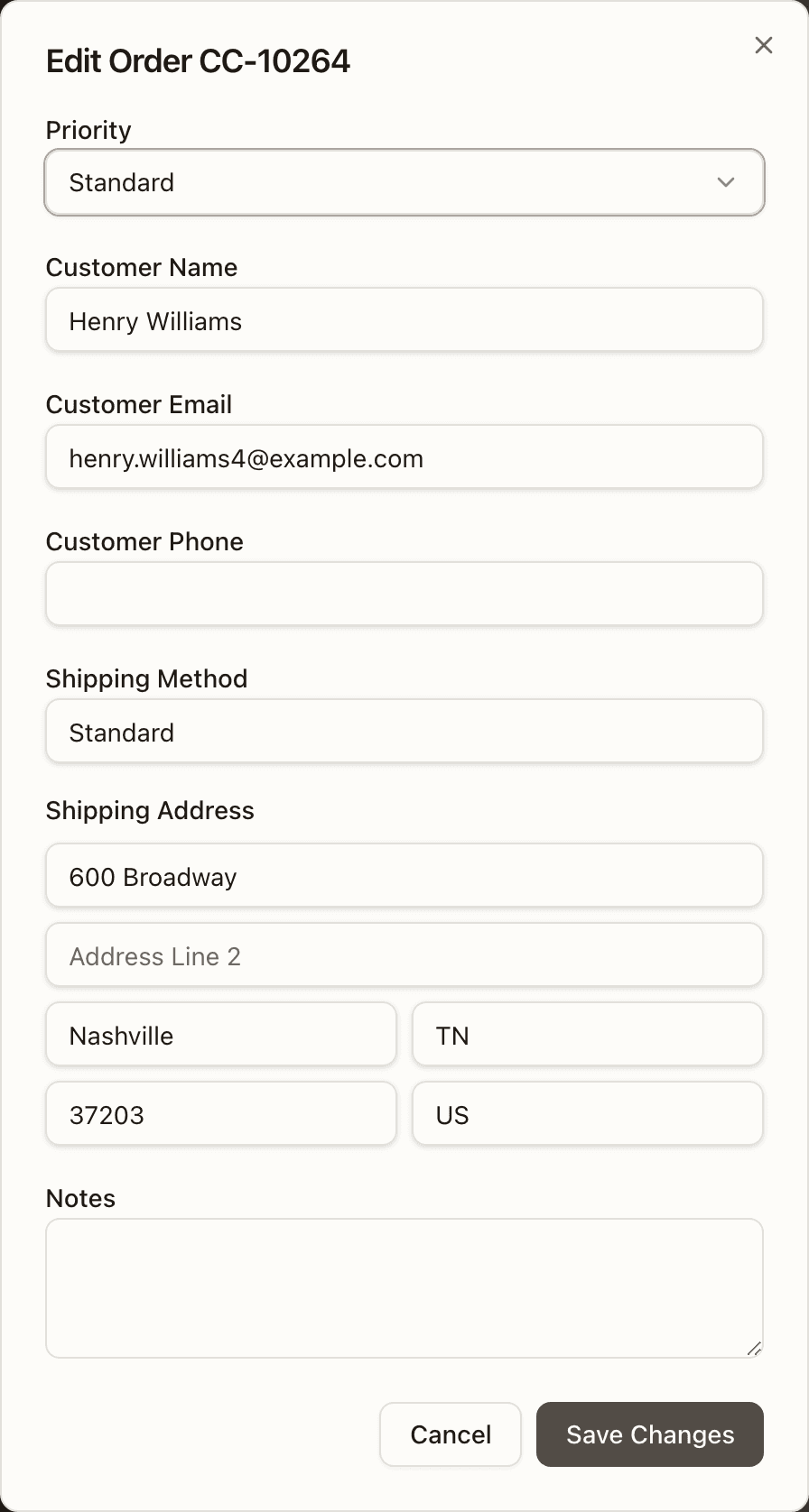 The Edit Order form