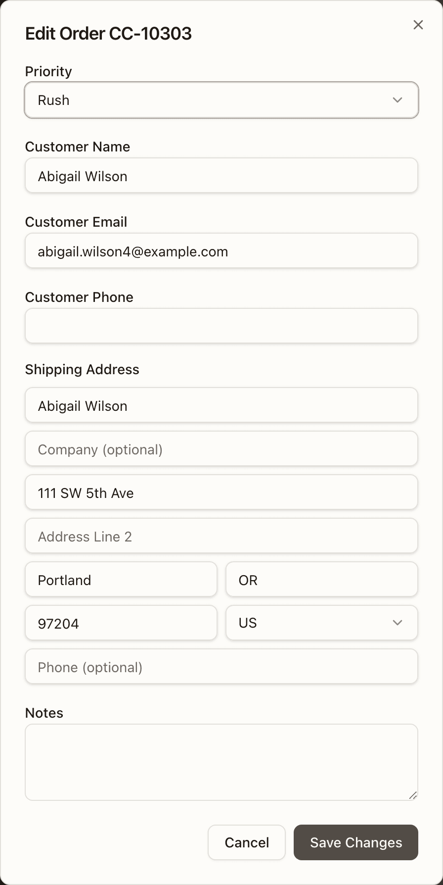 The Edit Order form — the Country field is a dropdown