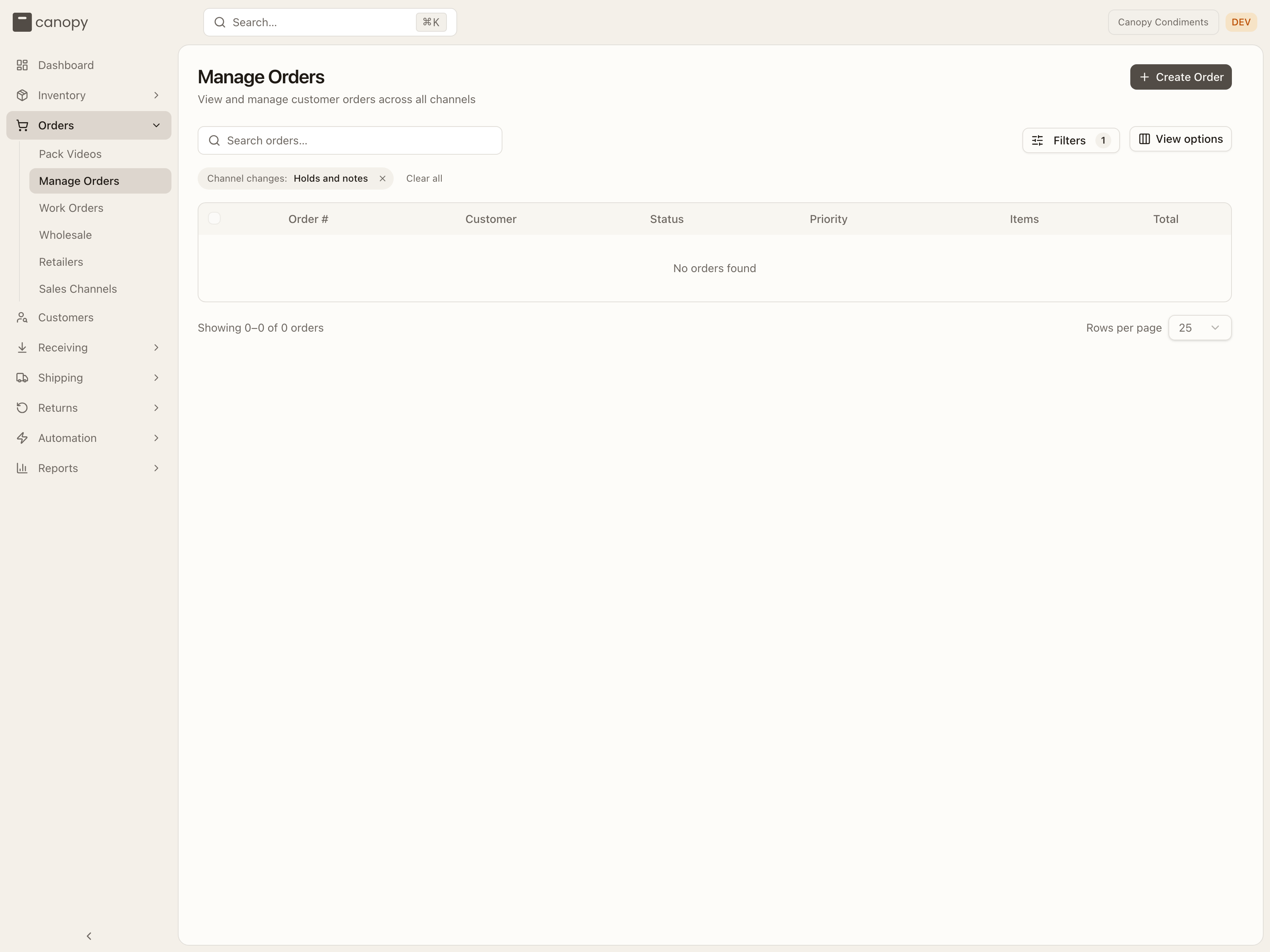 The Channel changes filter chip reading Holds and notes above the orders table