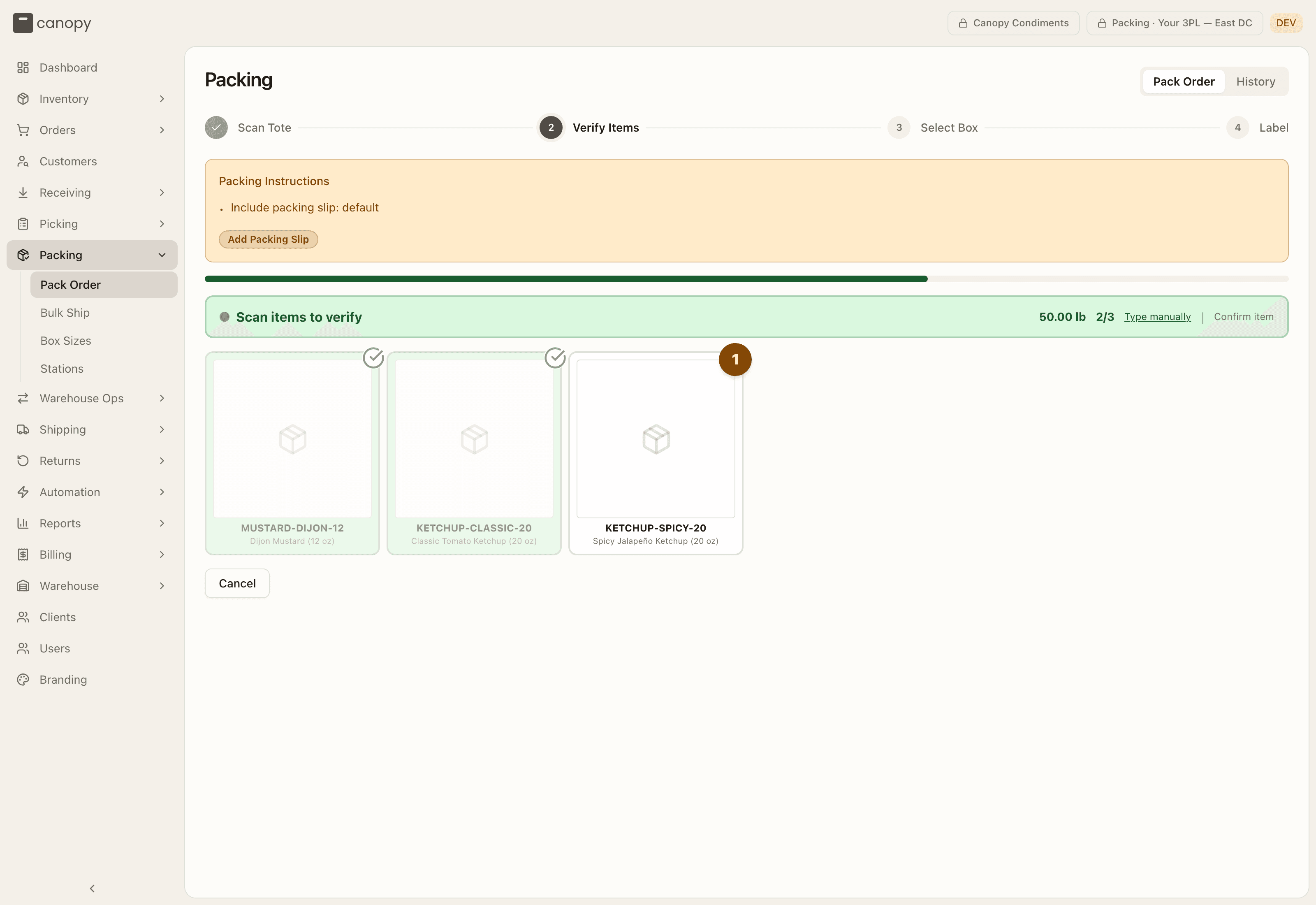 Pack flow — Verify Items in progress, two SKUs checked off green and one still remaining