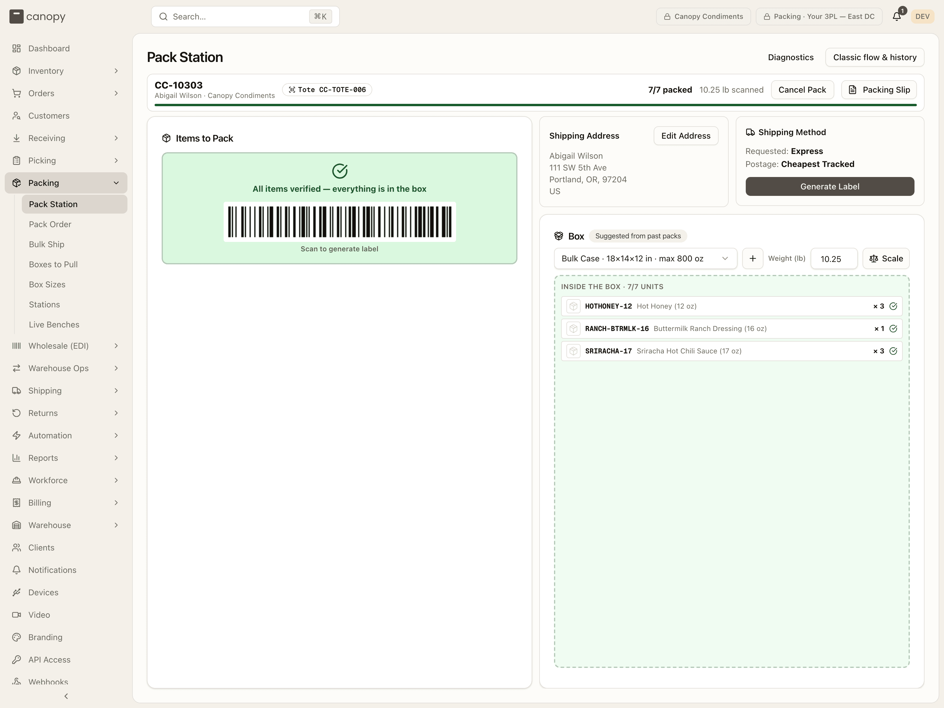Everything verified: the green card with the GENERATE-LABEL barcode, and the Generate Label button armed on the right
