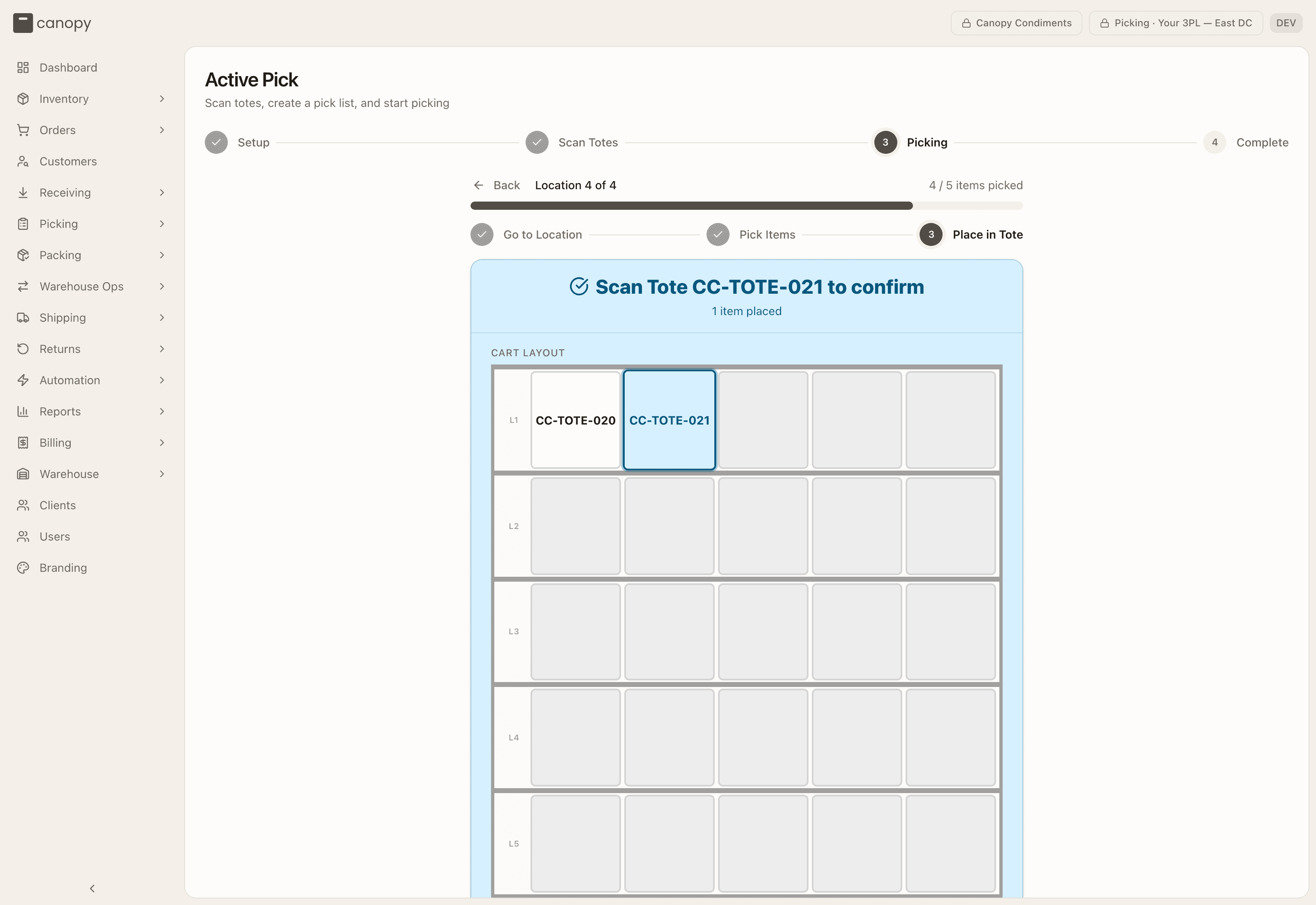 Picking — Place in Tote, scan the tote again to confirm the items are in it